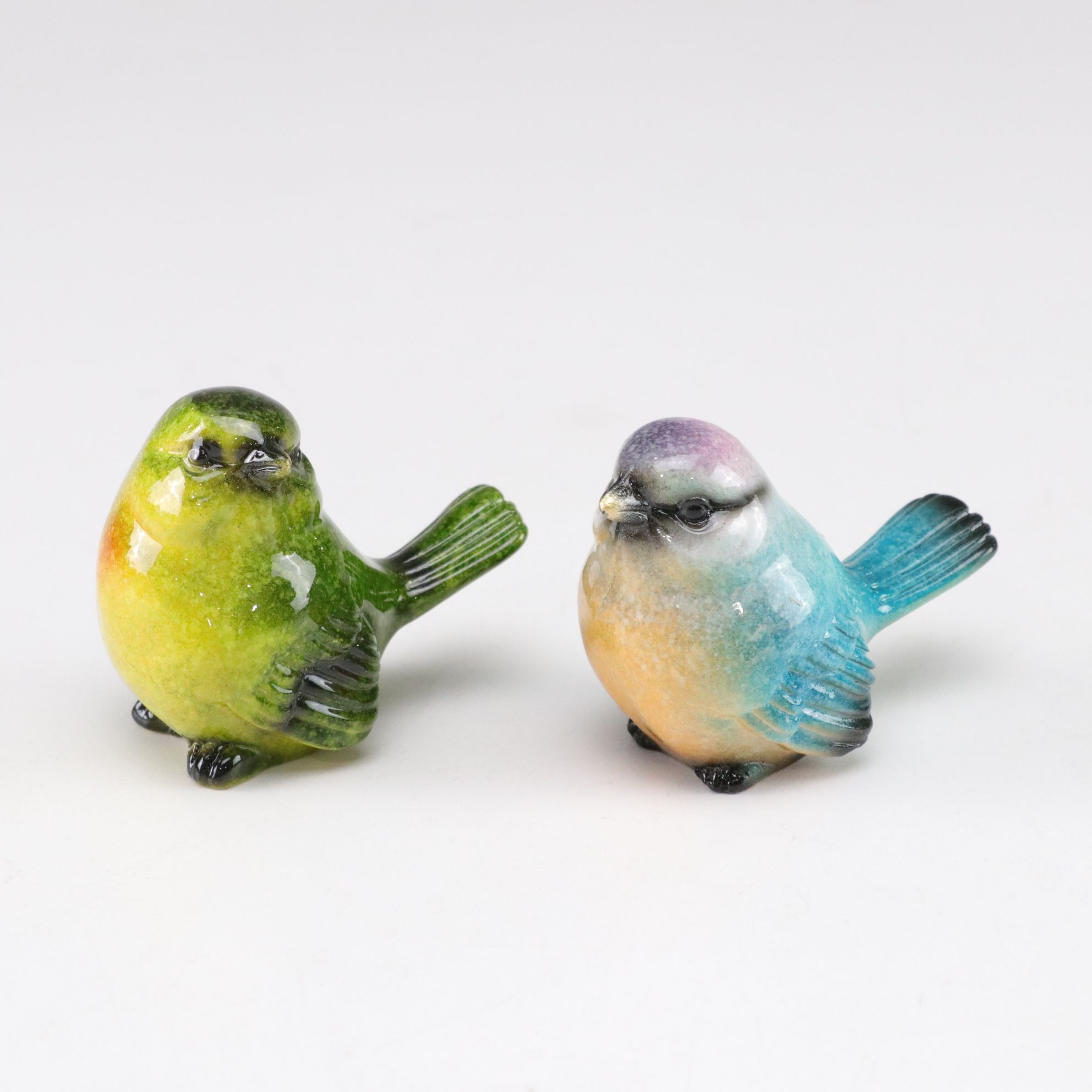 Four Bird Figurines and Two Dresser Trays