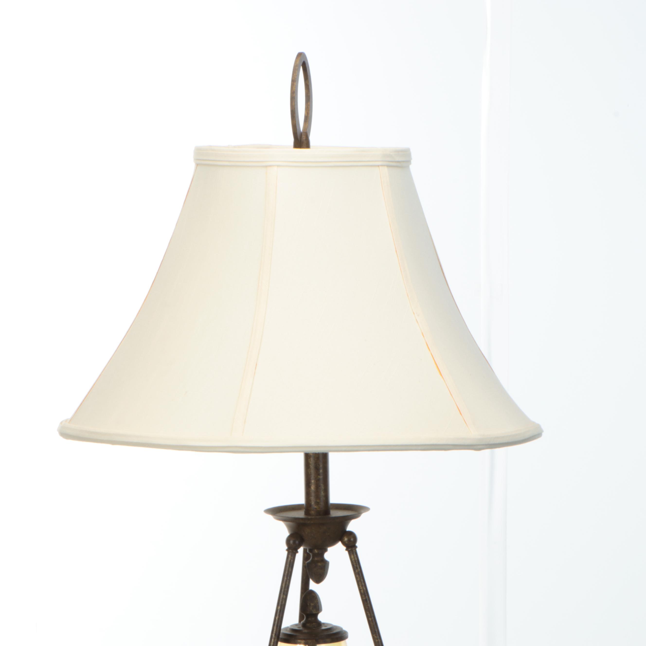 Pair of Caged Yellow Glass Table Lamps & Matching Floor Lamp, Silk Shades