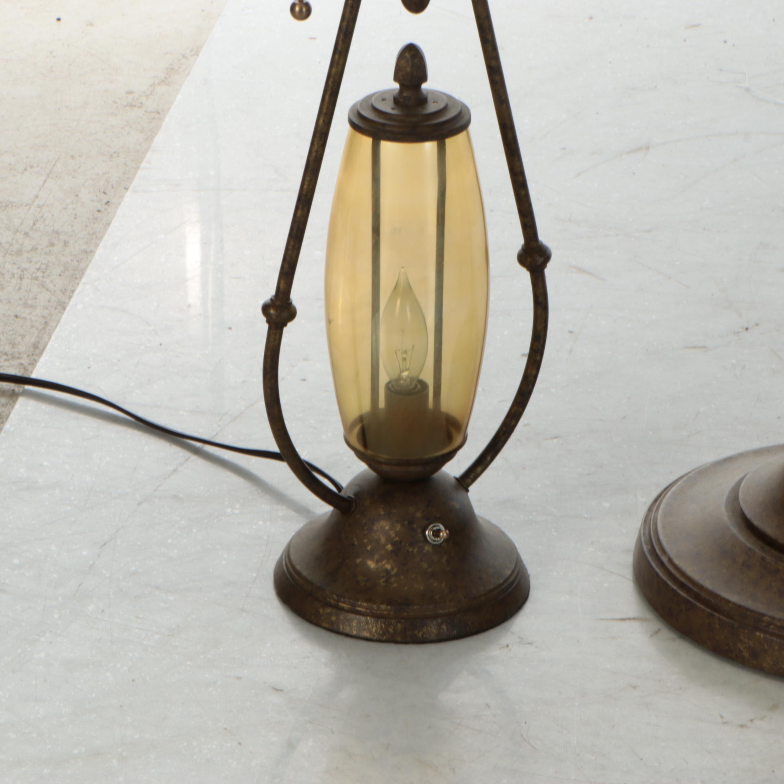 Pair of Caged Yellow Glass Table Lamps & Matching Floor Lamp, Silk Shades