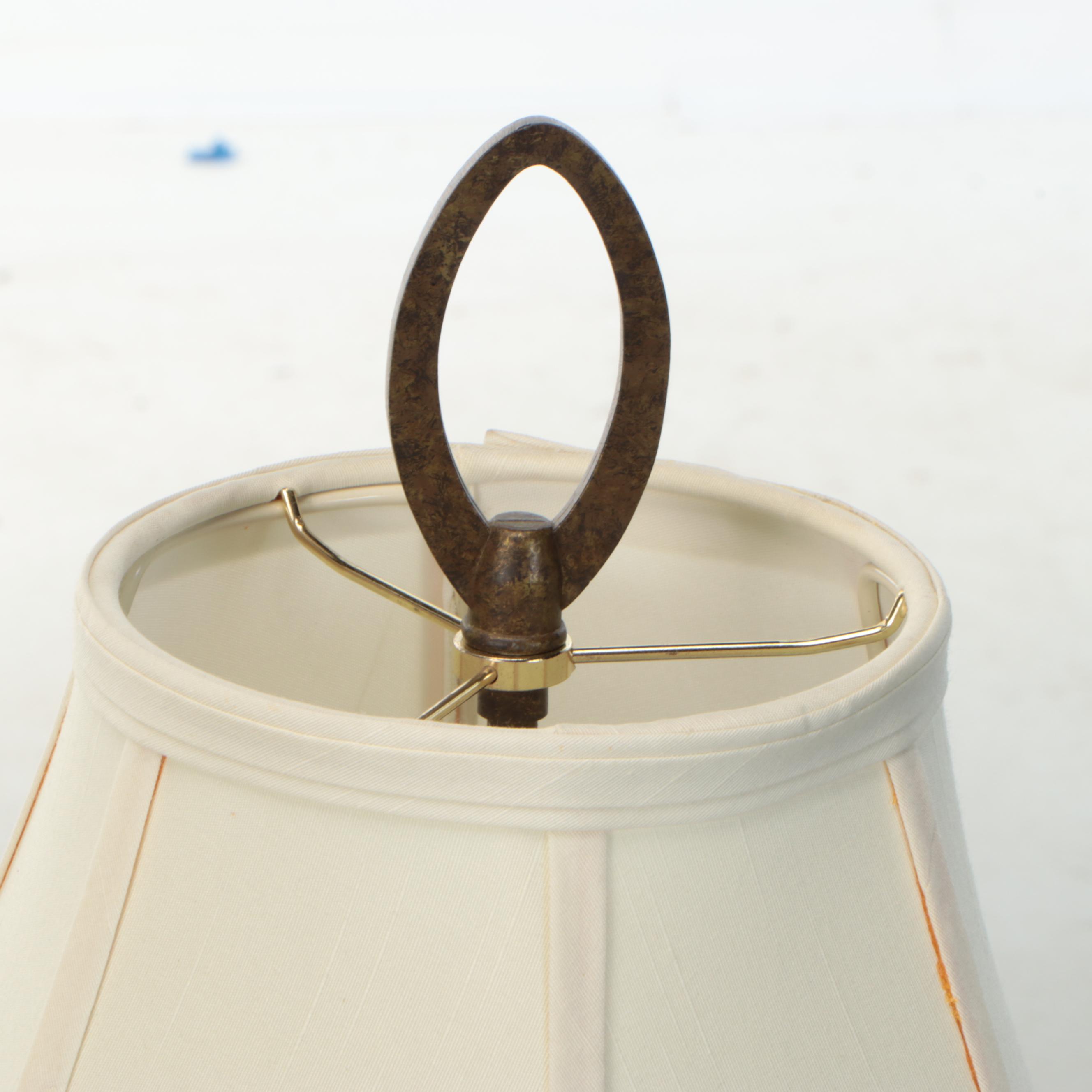 Pair of Caged Yellow Glass Table Lamps & Matching Floor Lamp, Silk Shades