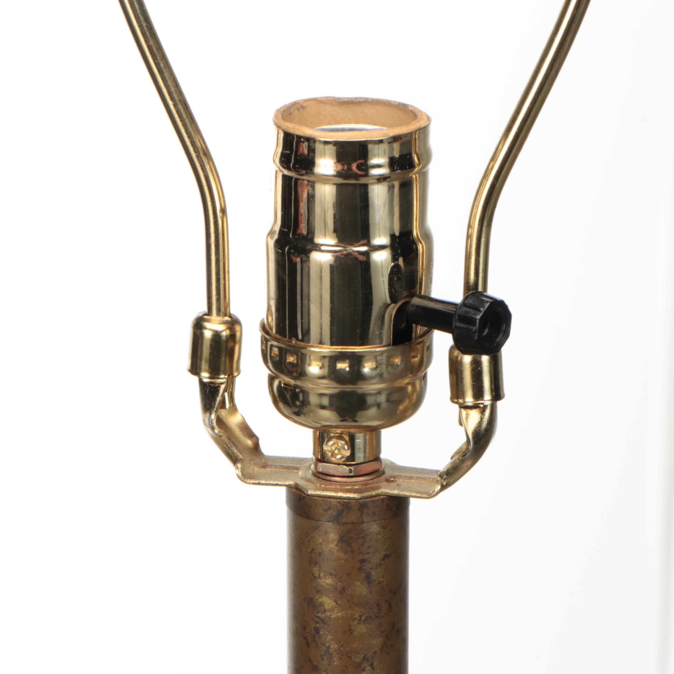 Pair of Caged Yellow Glass Table Lamps & Matching Floor Lamp, Silk Shades