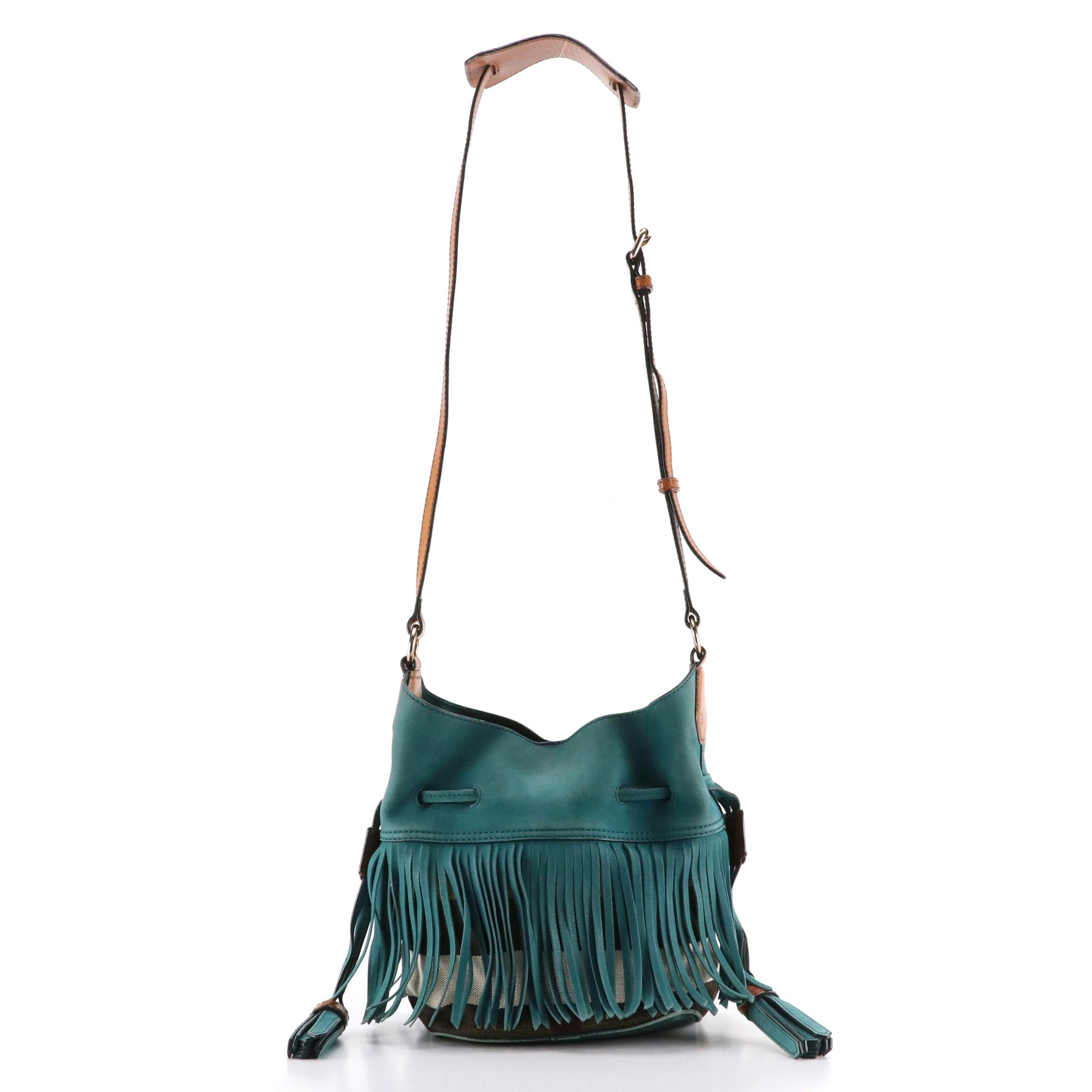 Burberry Ashby Belgrove Fringe Crossbody in Teal Leather and Giant Check Canvas