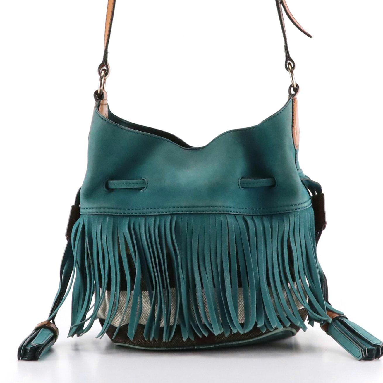 Burberry Ashby Belgrove Fringe Crossbody in Teal Leather and Giant Check Canvas