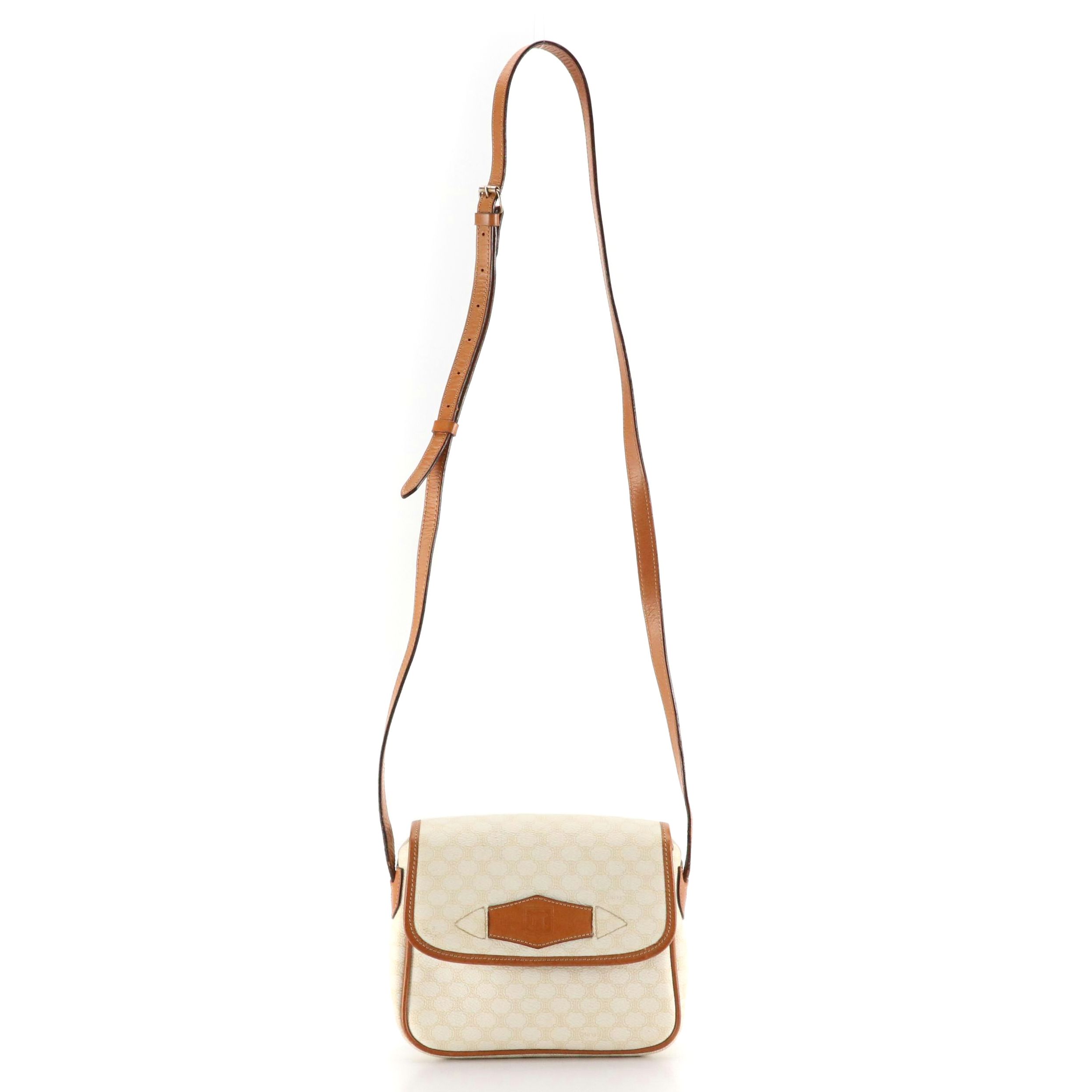 Celine Small Front Flap Crossbody Bag in White Macadam Canvas and Leather Trim
