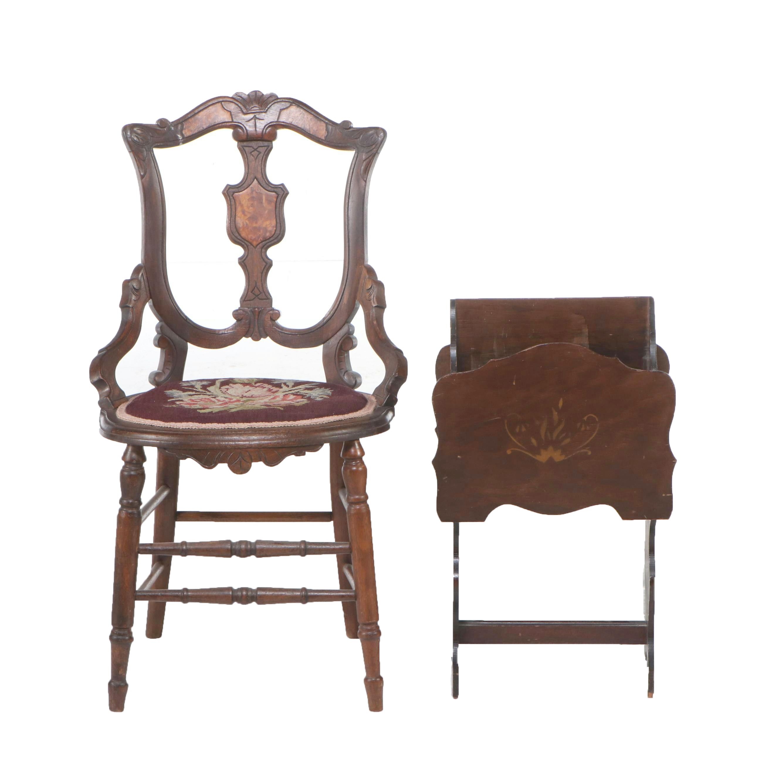 Victorian Oak with Burl Wood Accents Needle Point Side Chair with Magazine Rack