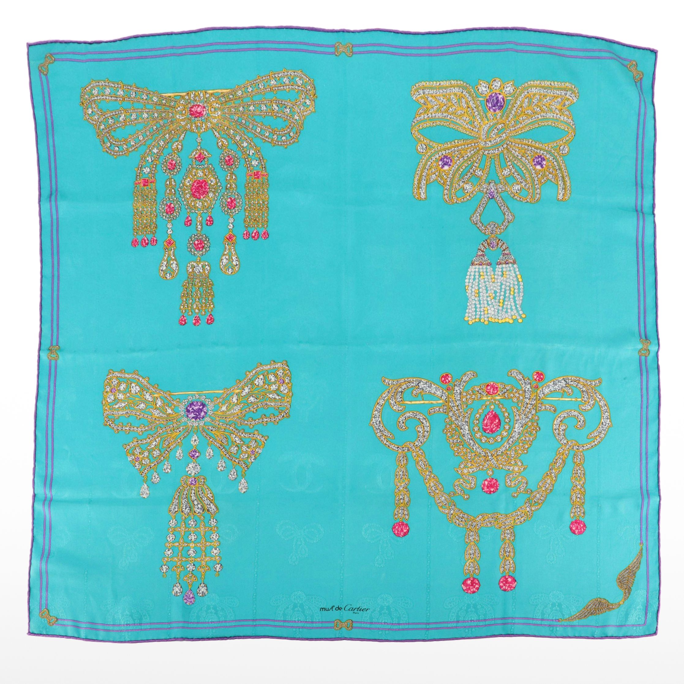 Cartier Must de Cartier Brooch Pin Motif Scarf 90 in Silk Jacquard with Box