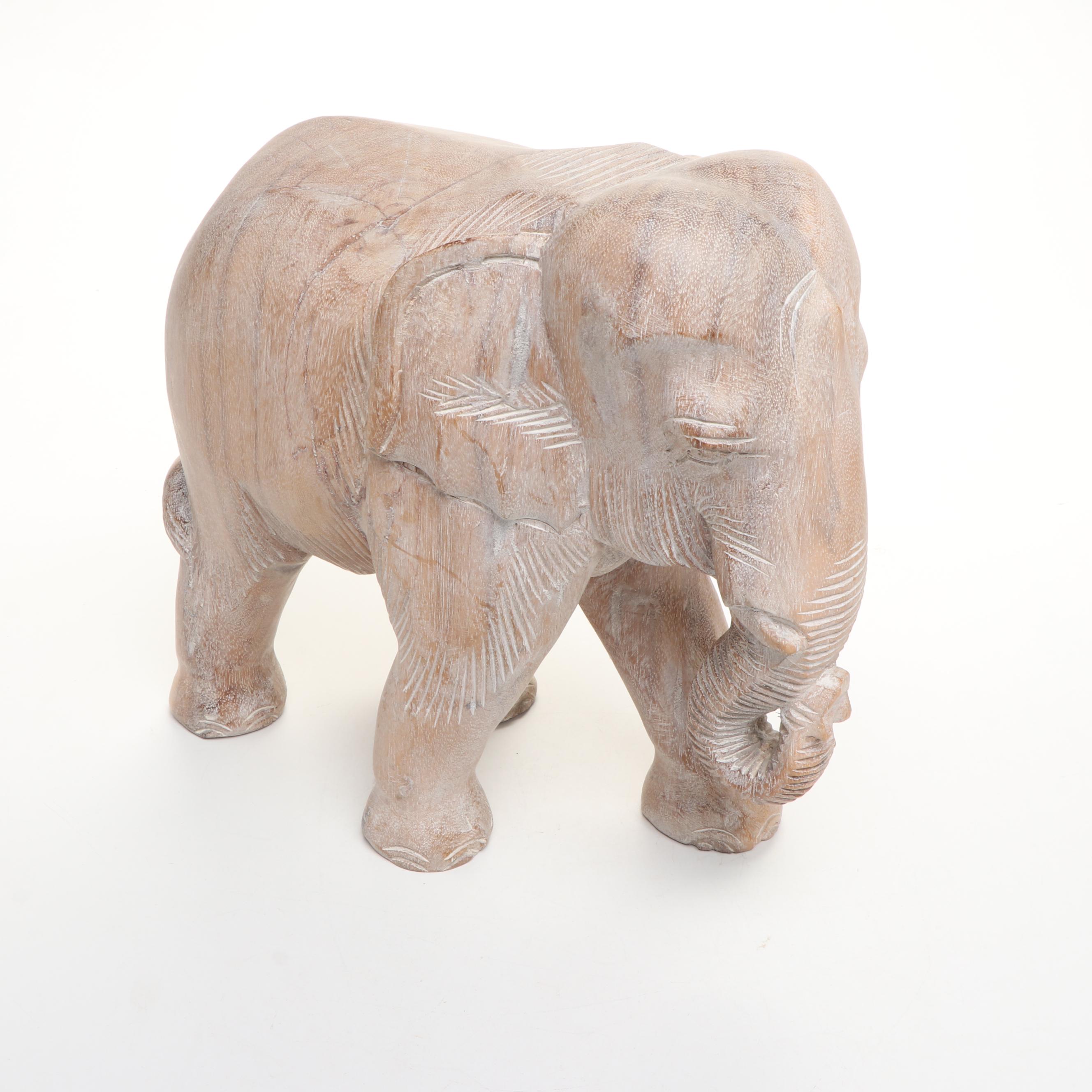 Kuba Porcelain Elephant Plate with Carved Wood and Other Elephants