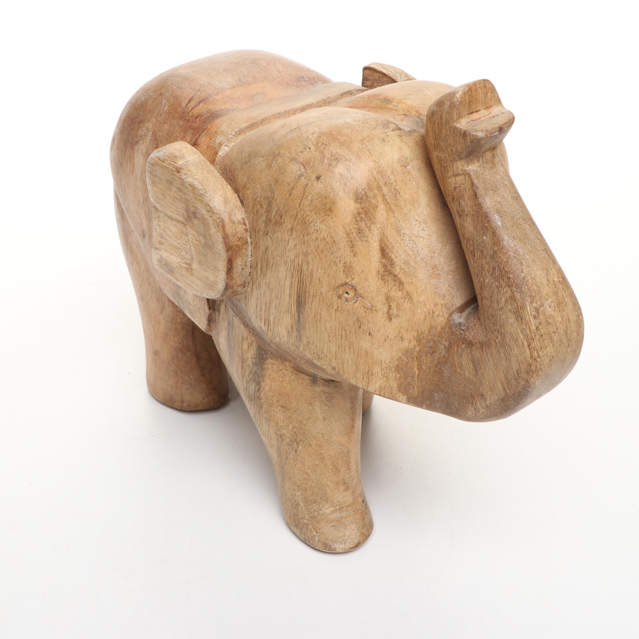 Kuba Porcelain Elephant Plate with Carved Wood and Other Elephants