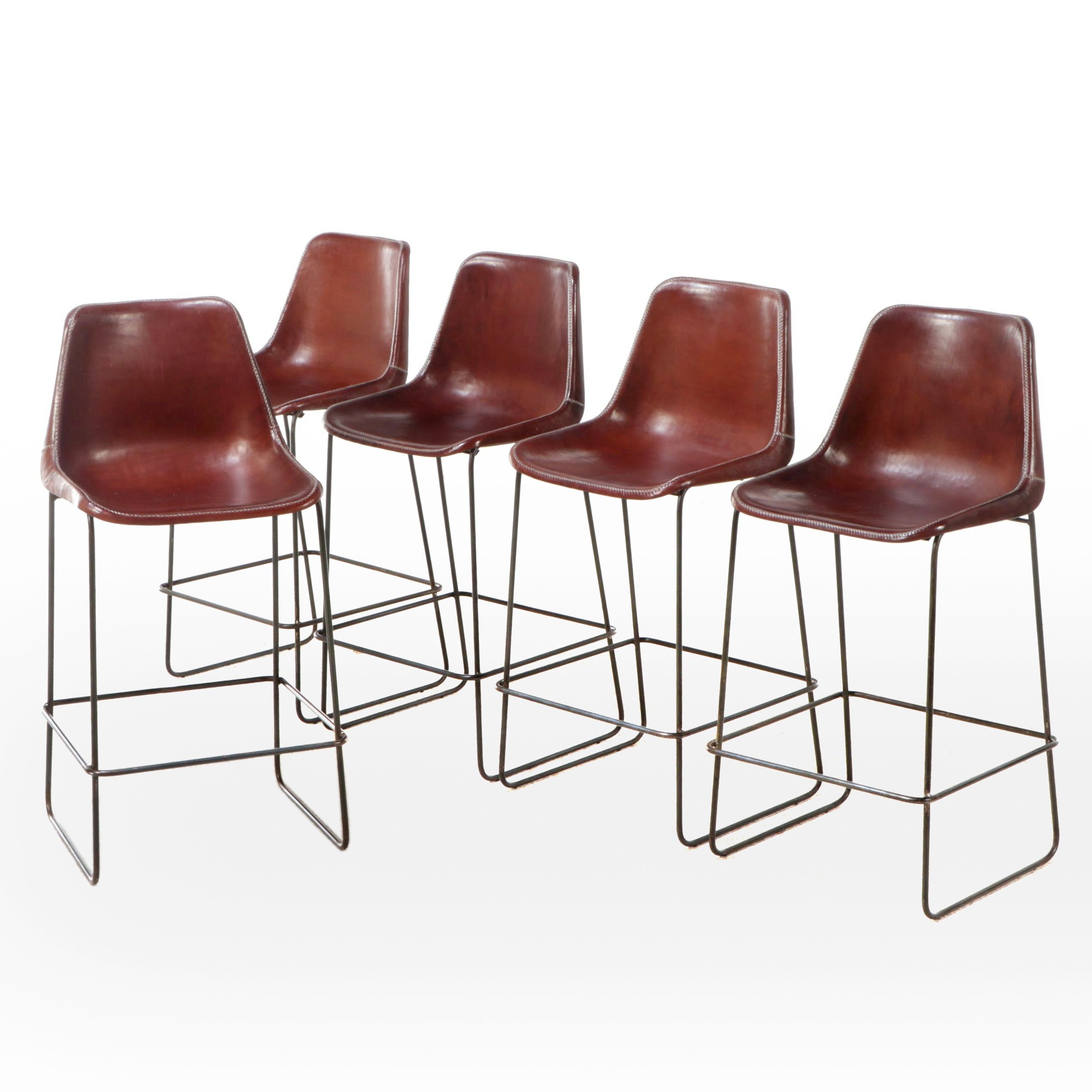 Set of Five Sol Y Luna Italian Leather and Metal Barstools
