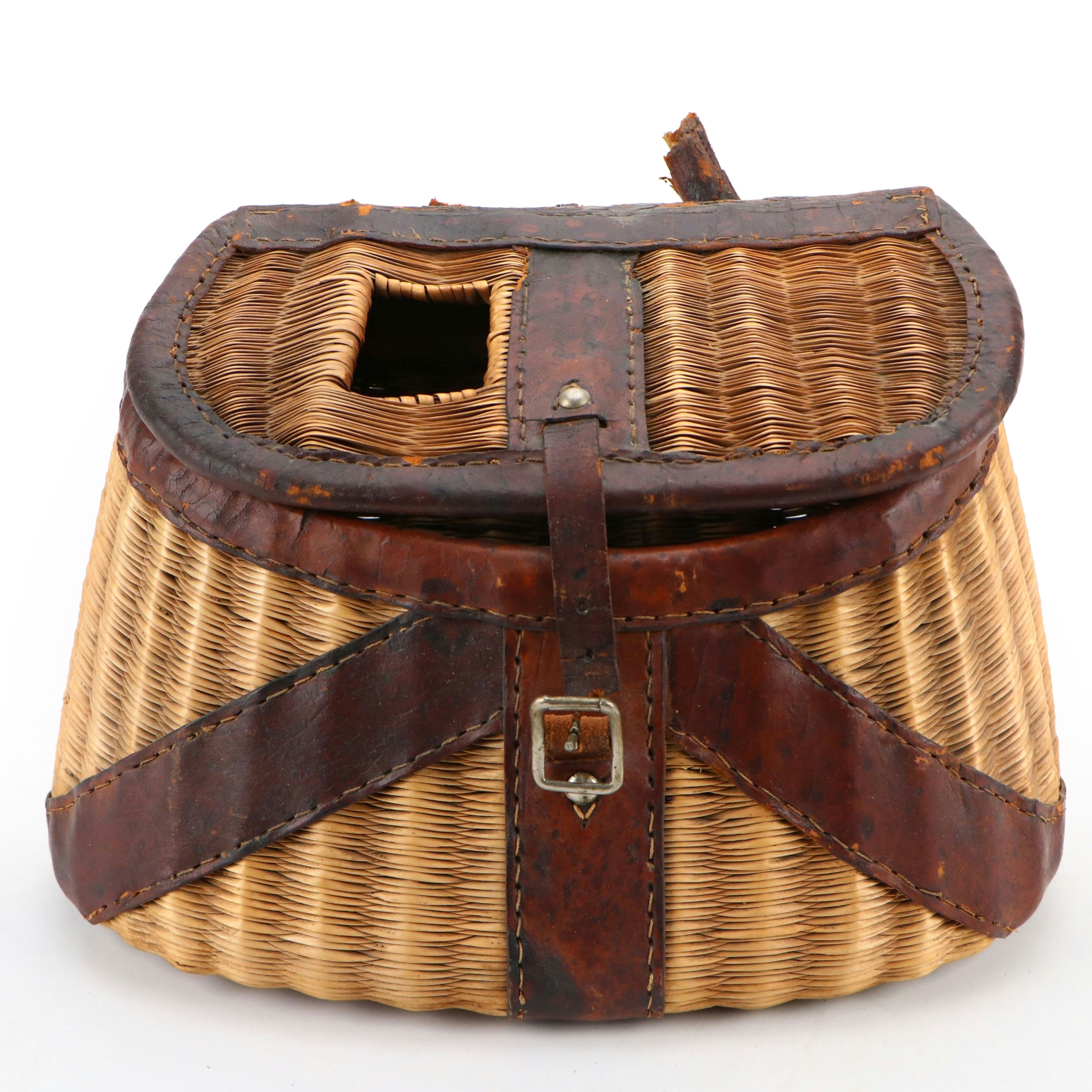 Wicker and Leather Fly Fishing Creel Basket, Early to Mid-20th Century