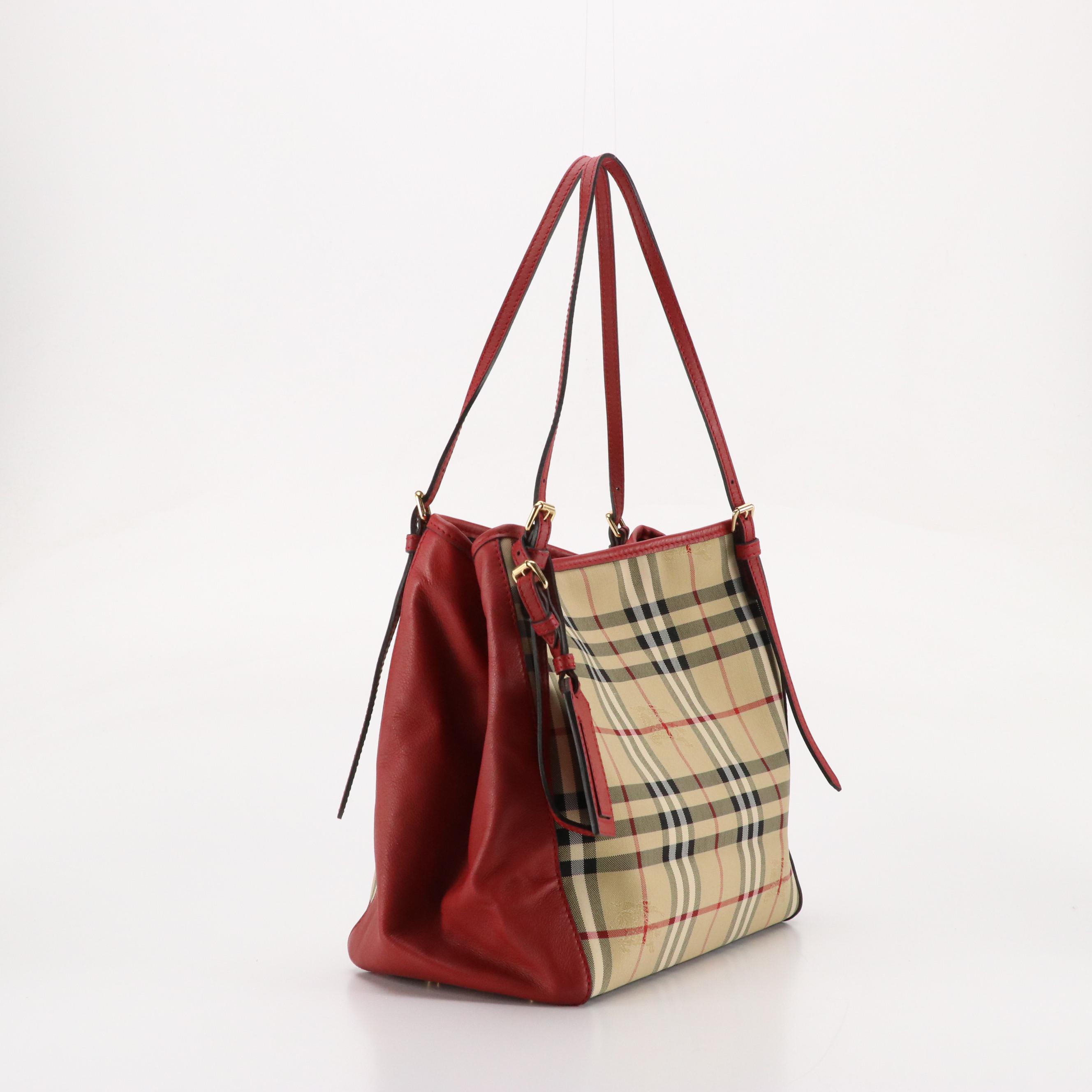Burberry Canterbury Tote in Horseferry Check Canvas and Red Calfskin Leather
