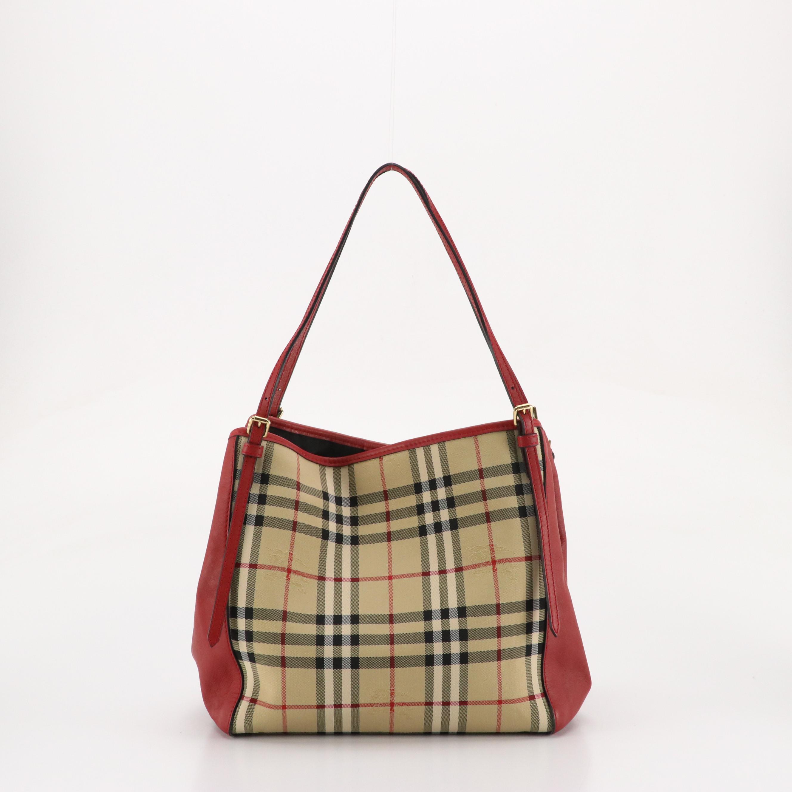 Burberry Canterbury Tote in Horseferry Check Canvas and Red Calfskin Leather