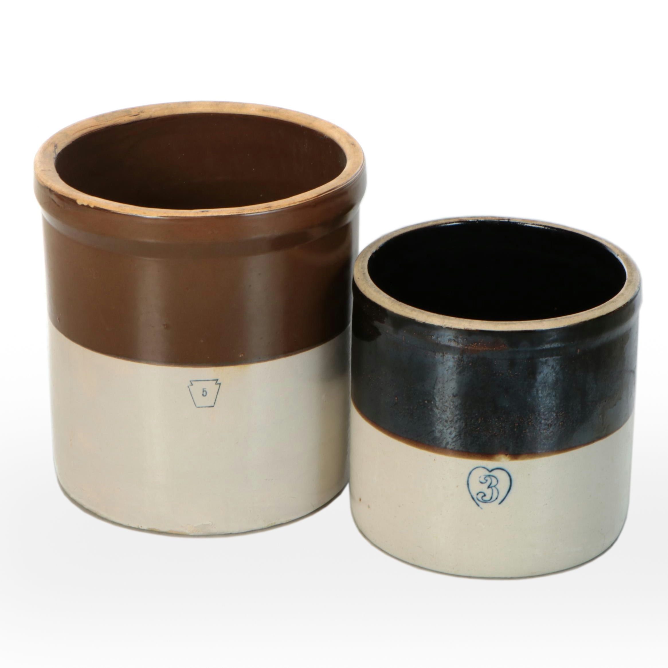 Burley & Winter Three Gallon and Keystone Five Gallon Two-Tone Stoneware Crocks