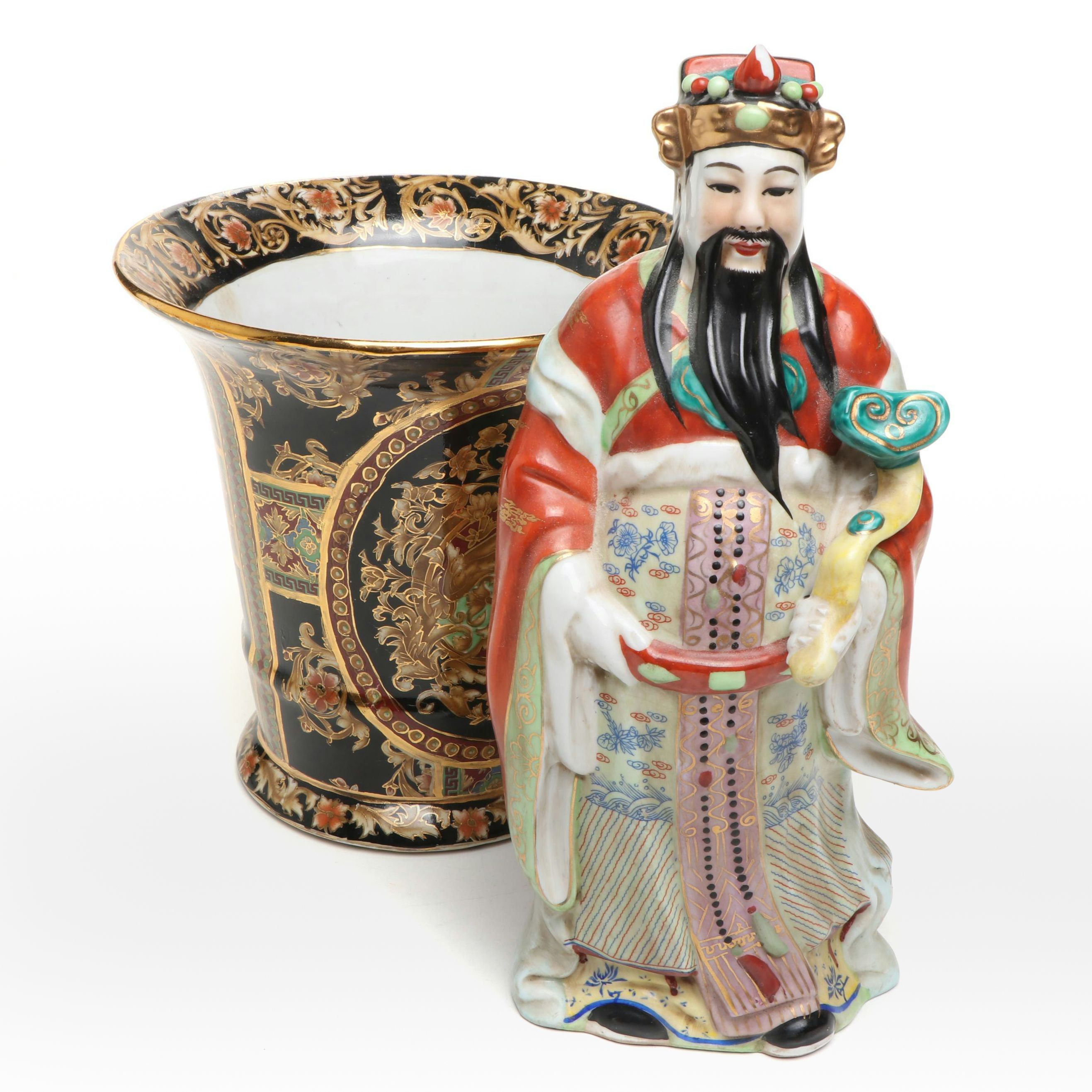 Chinese Porcelain Famille Rose Lu Deity with Porcelain Cachepot