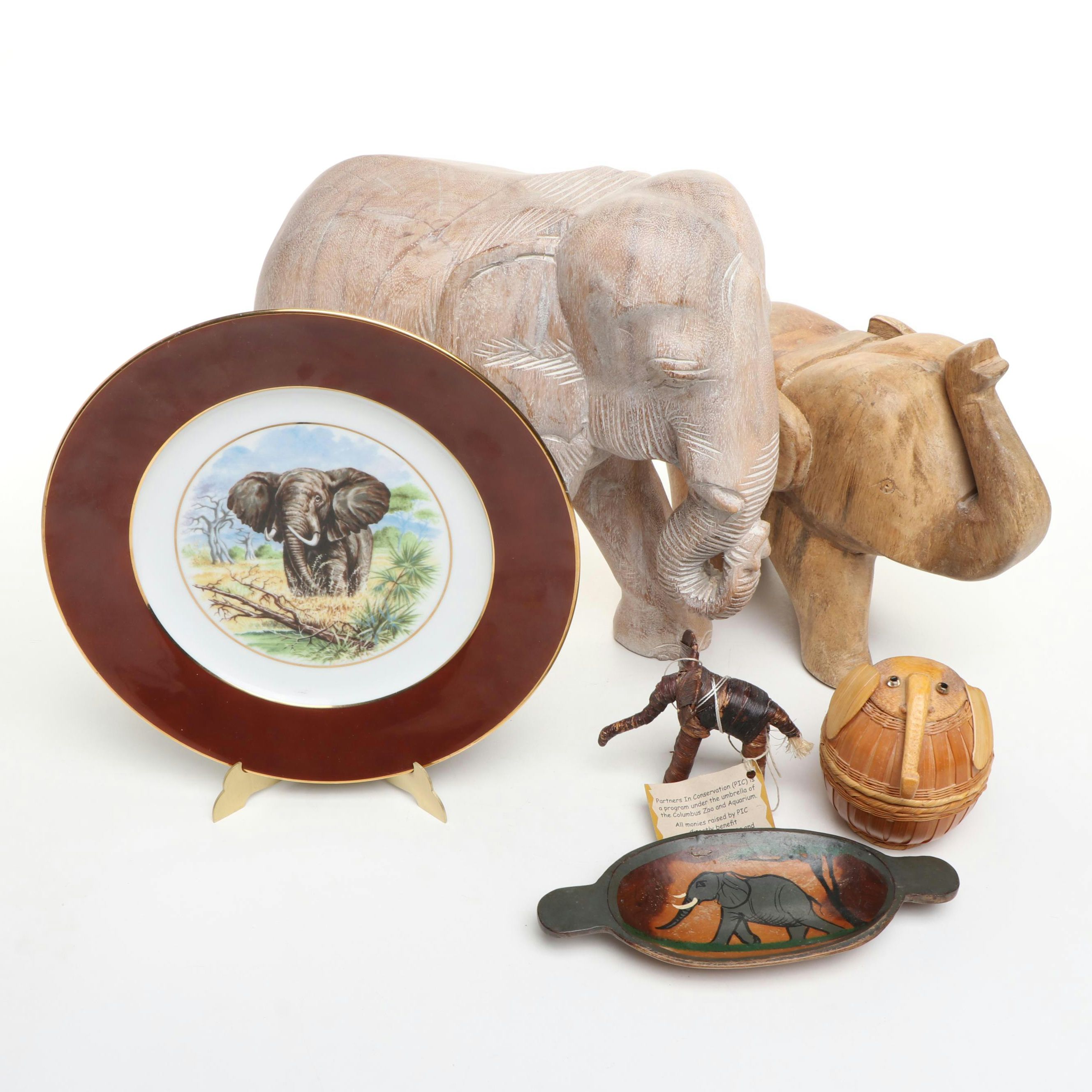 Kuba Porcelain Elephant Plate with Carved Wood and Other Elephants