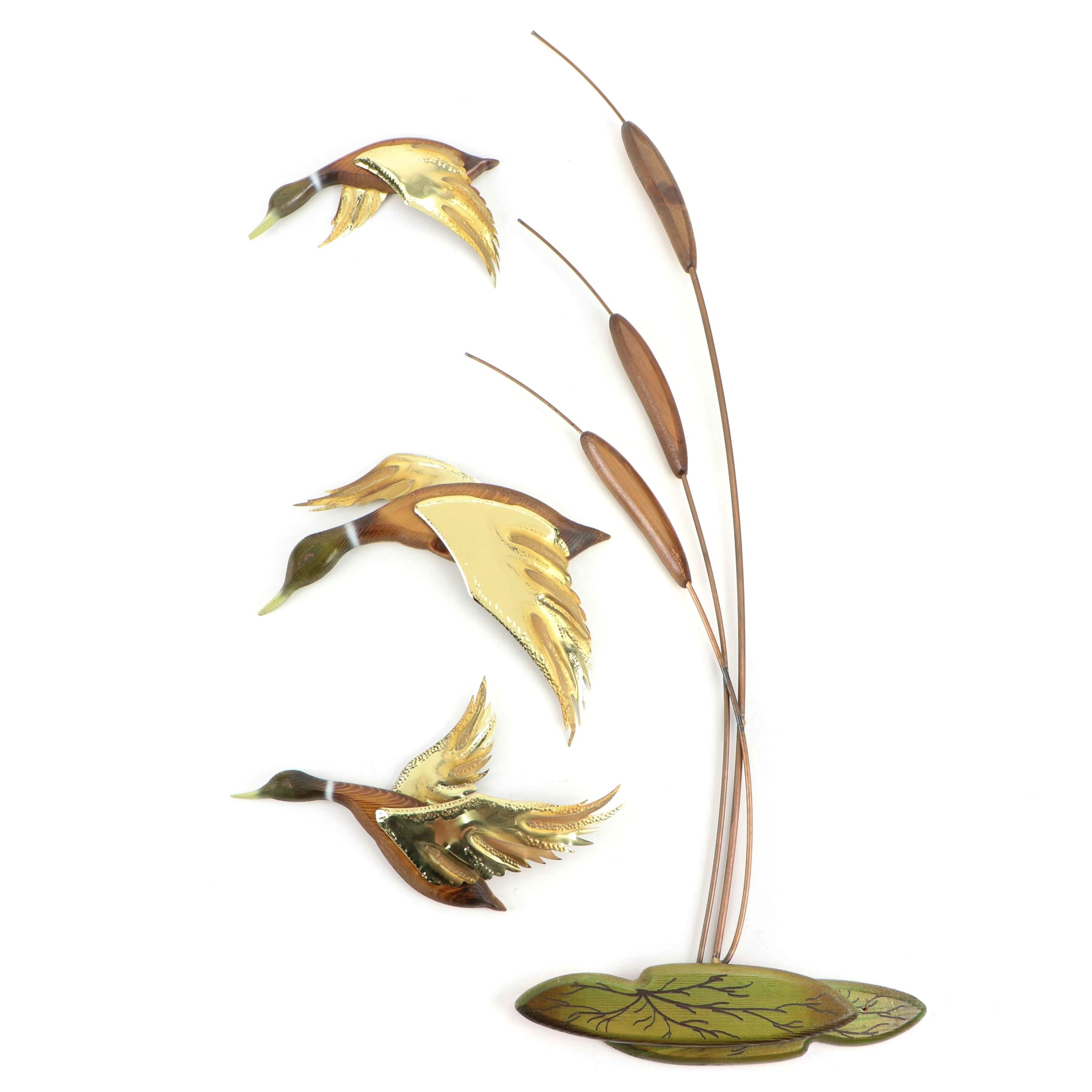 Gilt and Wooden Geese and Cattails Wall Art