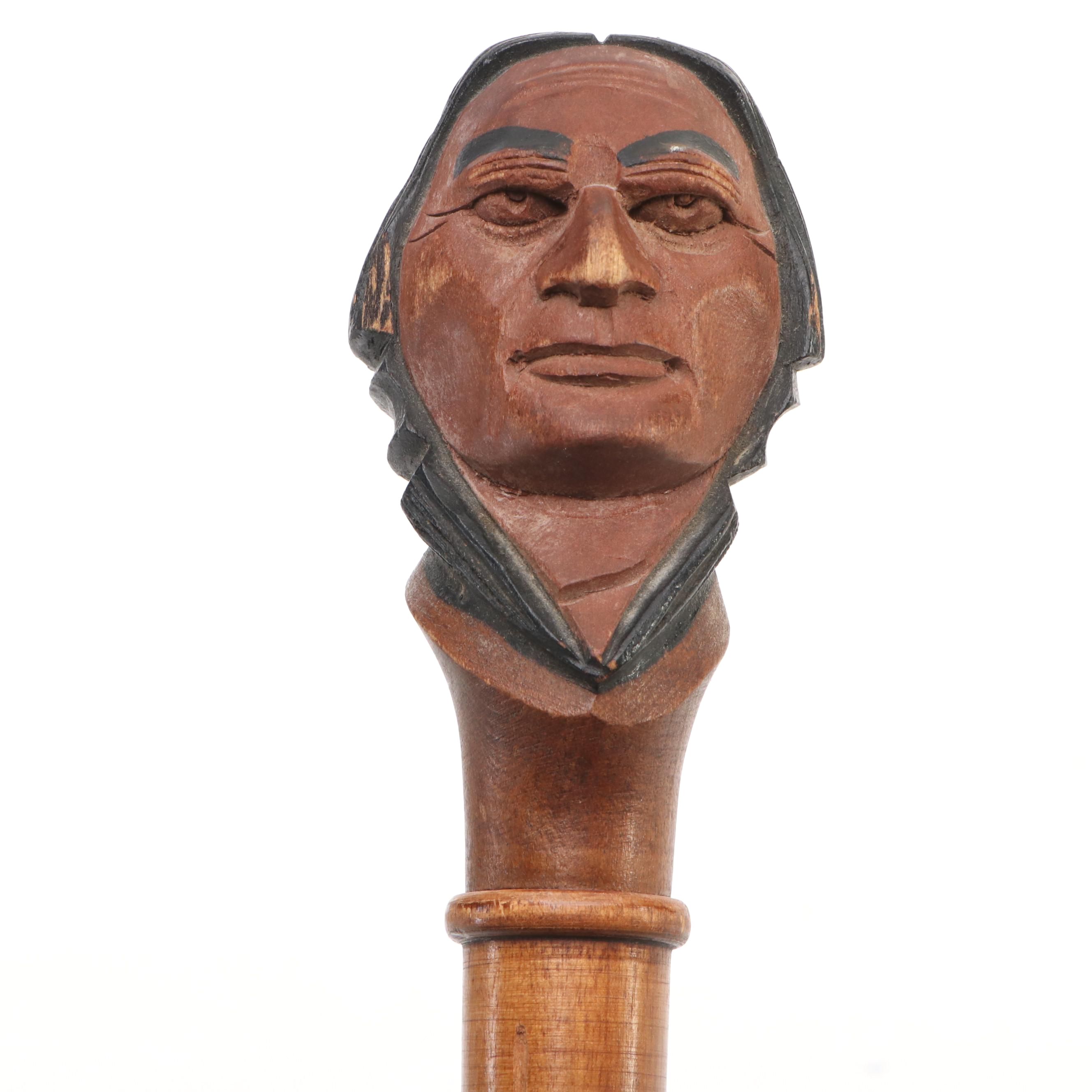 Carved Wooden Cane with Figural Handle