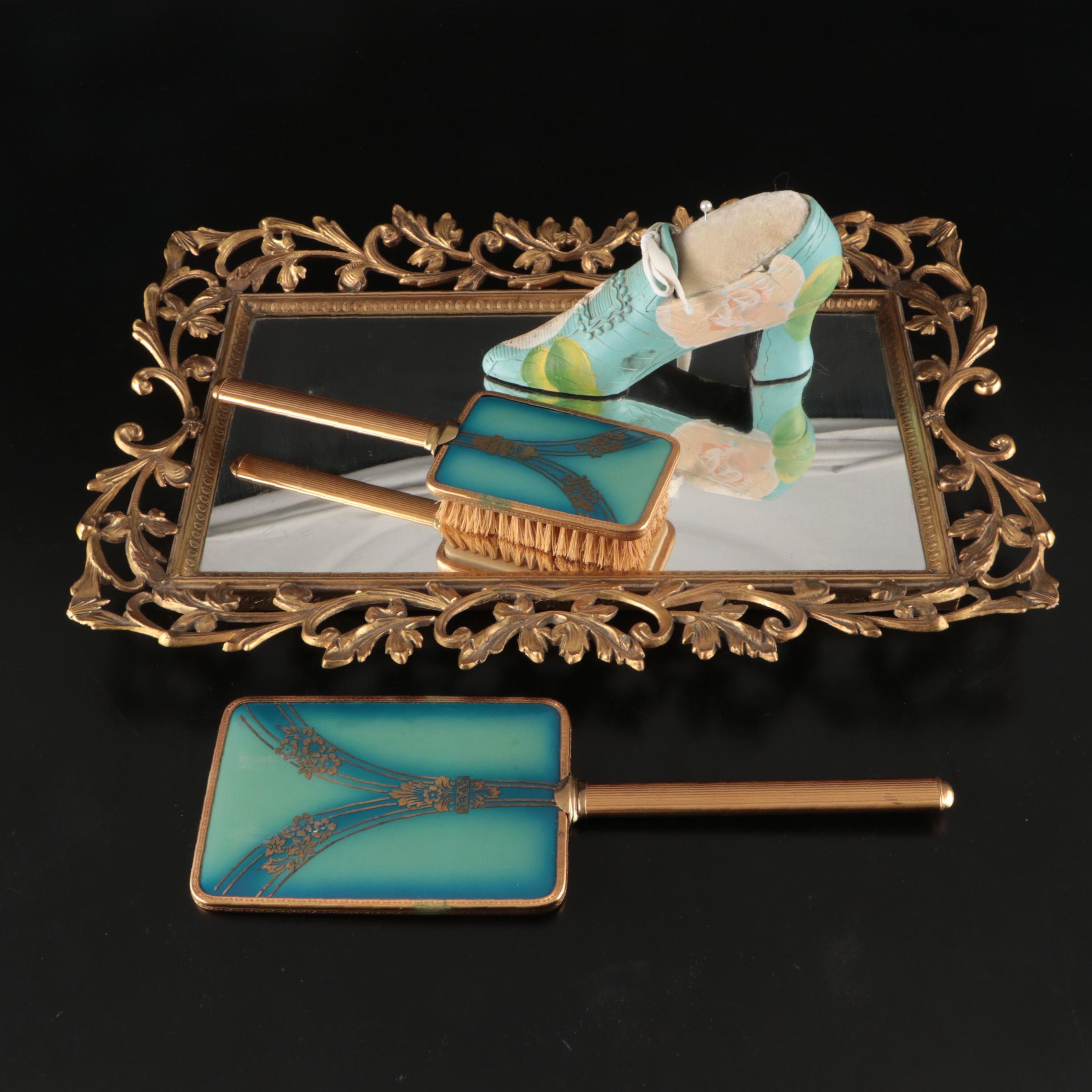 Gilt Brush, Hand Mirror, and Mirrored Tray with Shoe-Shaped Pin Cushion