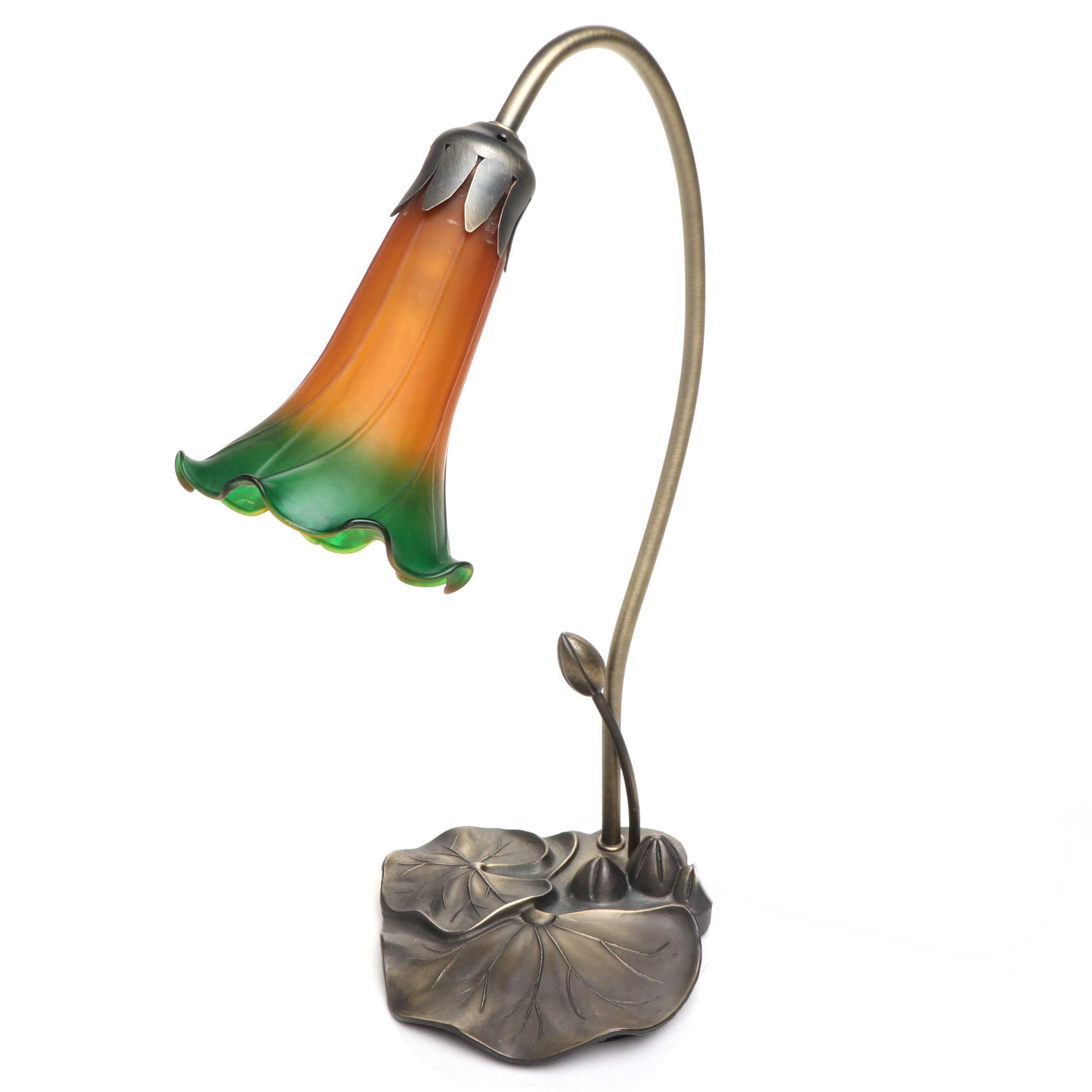 Art Nouveau Style Lily Pad Desk Lamp with Ombre Glass Trumpet Shade