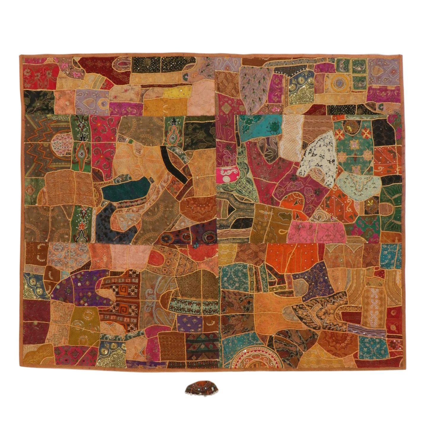 Indian Patchwork Embroidery and Beadwork Quilt, and Hand-Stitched Turkoman Hat