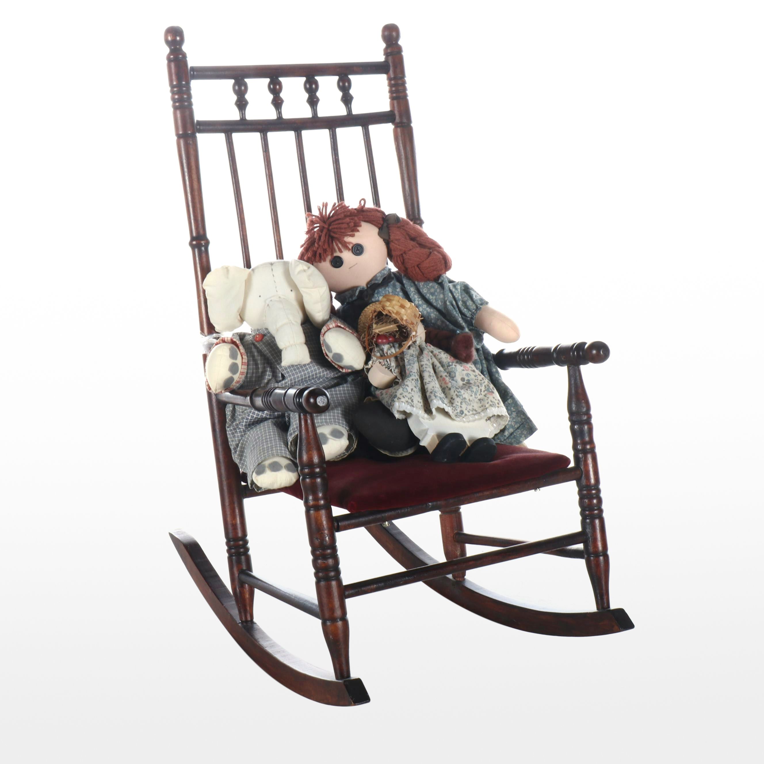 Late Victorian Child's Rocking Chair with Folk Art Style Dolls