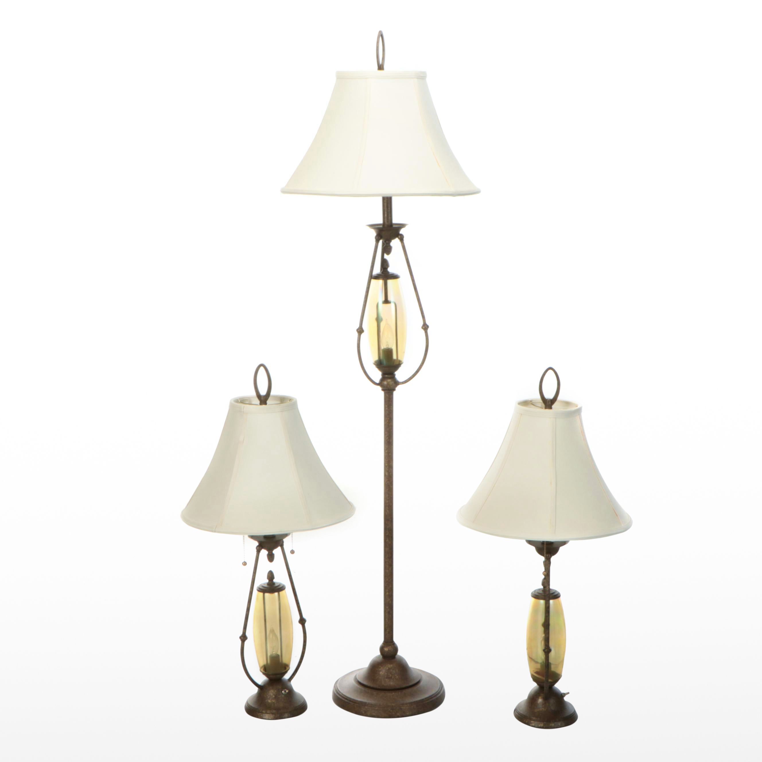 Pair of Caged Yellow Glass Table Lamps & Matching Floor Lamp, Silk Shades