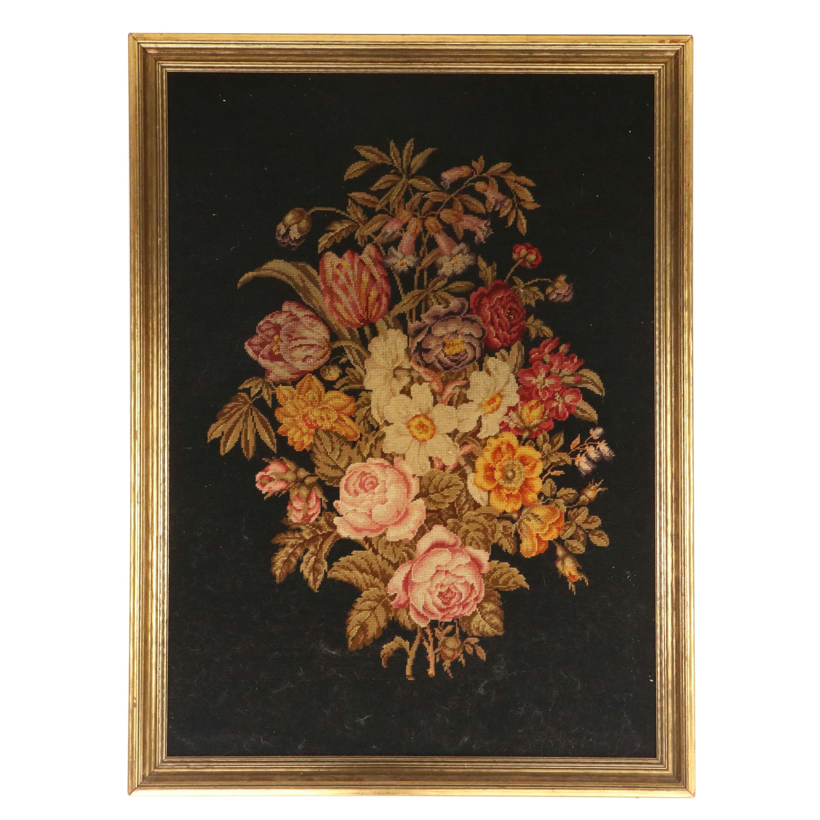 Handmade Needlepoint of Flower Bouquet in Frame, Mid to Late 20th Century