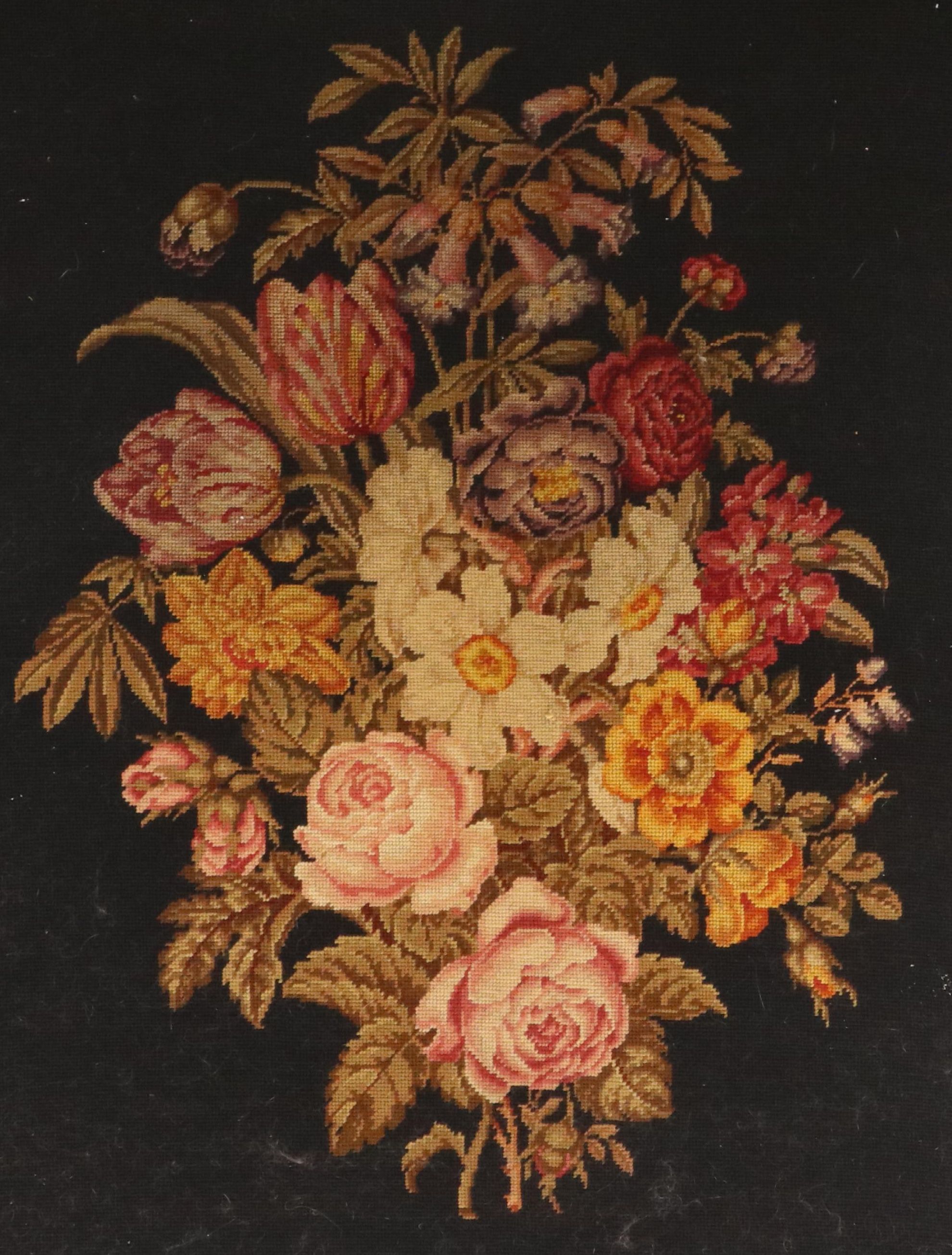 Handmade Needlepoint of Flower Bouquet in Frame, Mid to Late 20th Century