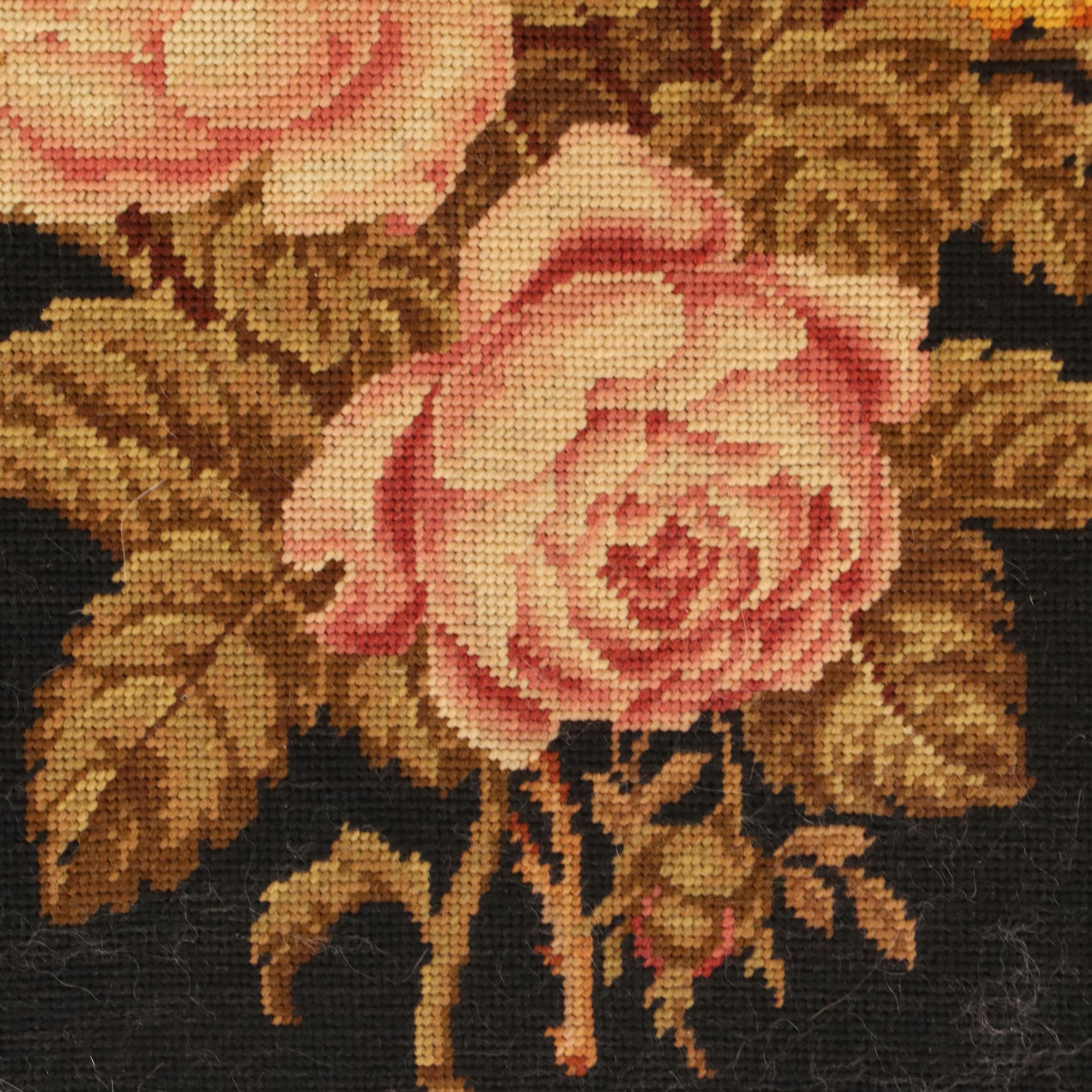 Handmade Needlepoint of Flower Bouquet in Frame, Mid to Late 20th Century