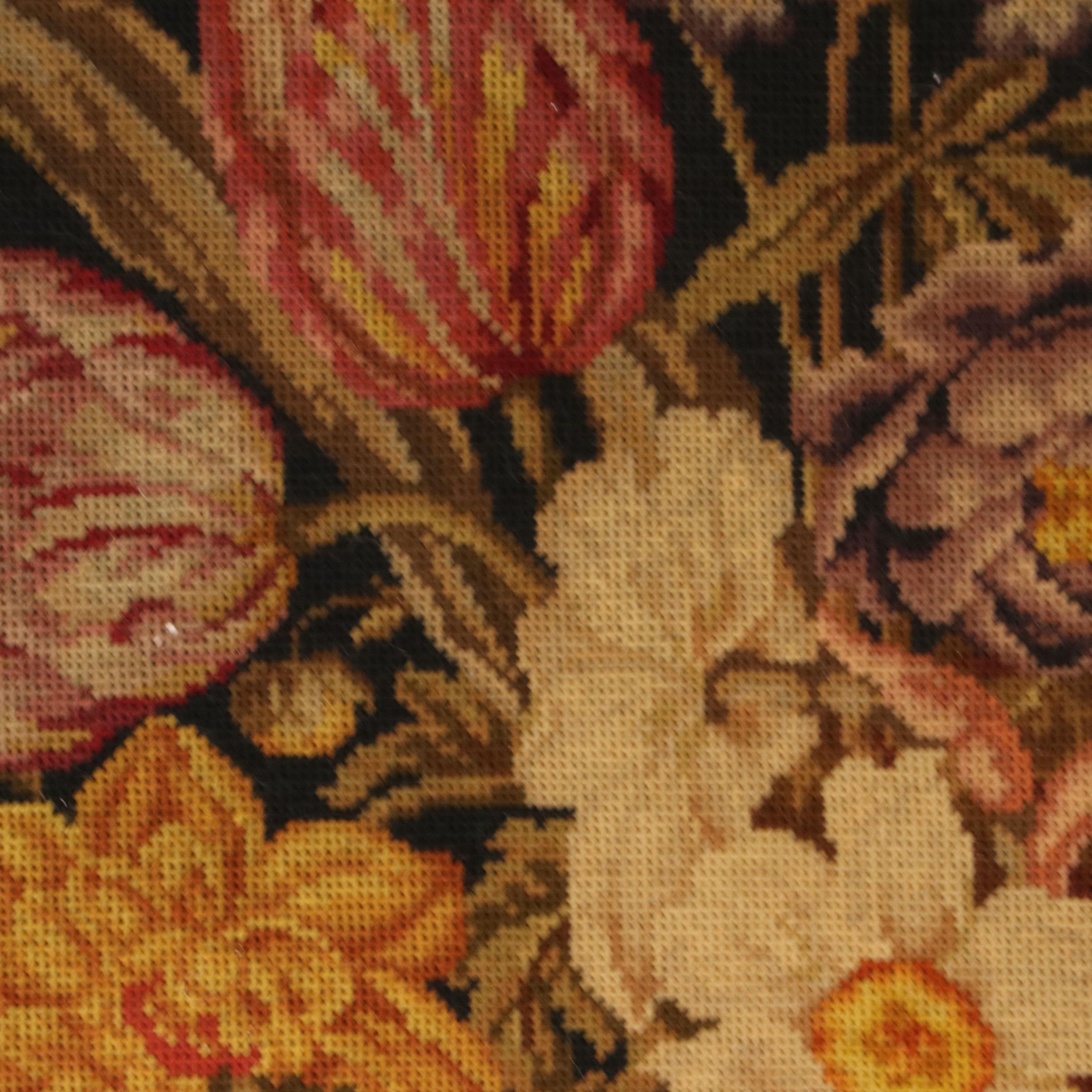 Handmade Needlepoint of Flower Bouquet in Frame, Mid to Late 20th Century