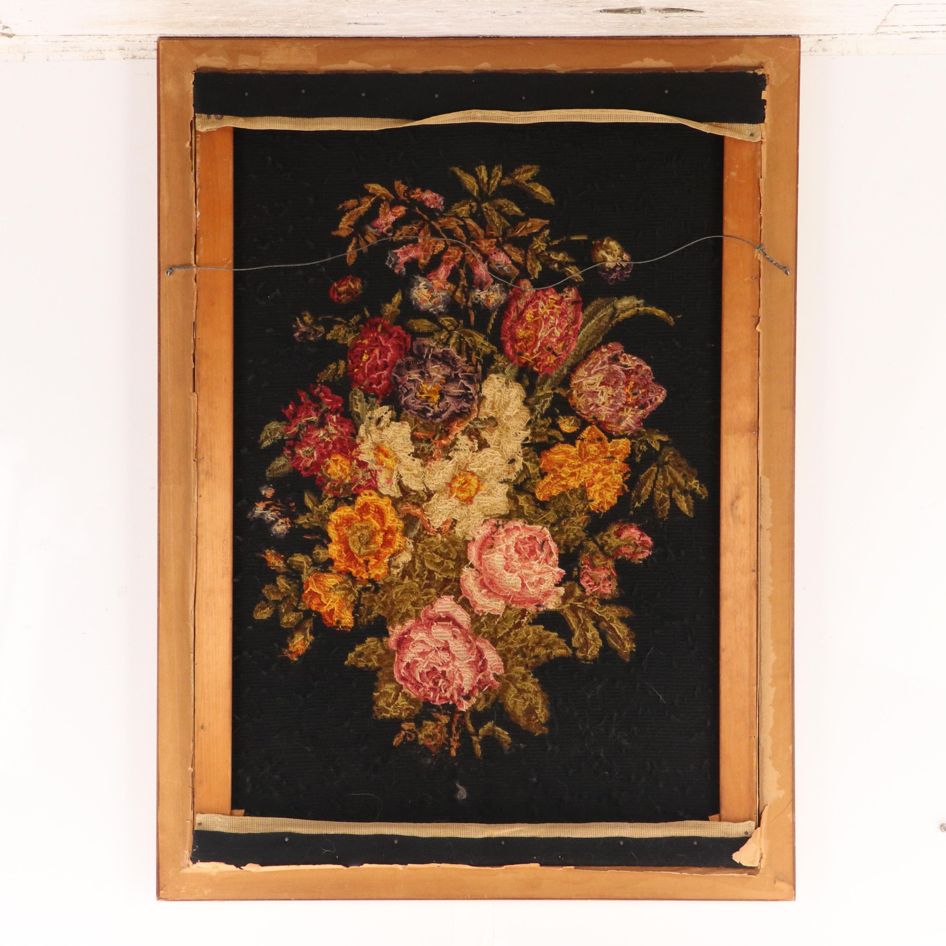 Handmade Needlepoint of Flower Bouquet in Frame, Mid to Late 20th Century