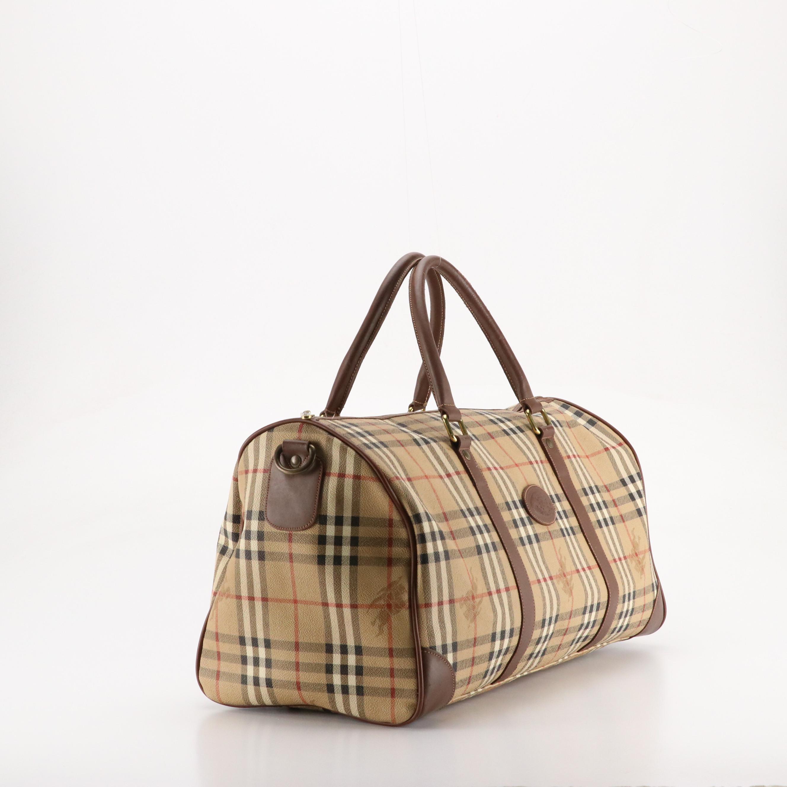Burberrys Two-Way Large Duffle Bag in Haymarket Check Canvas & Brown Leather