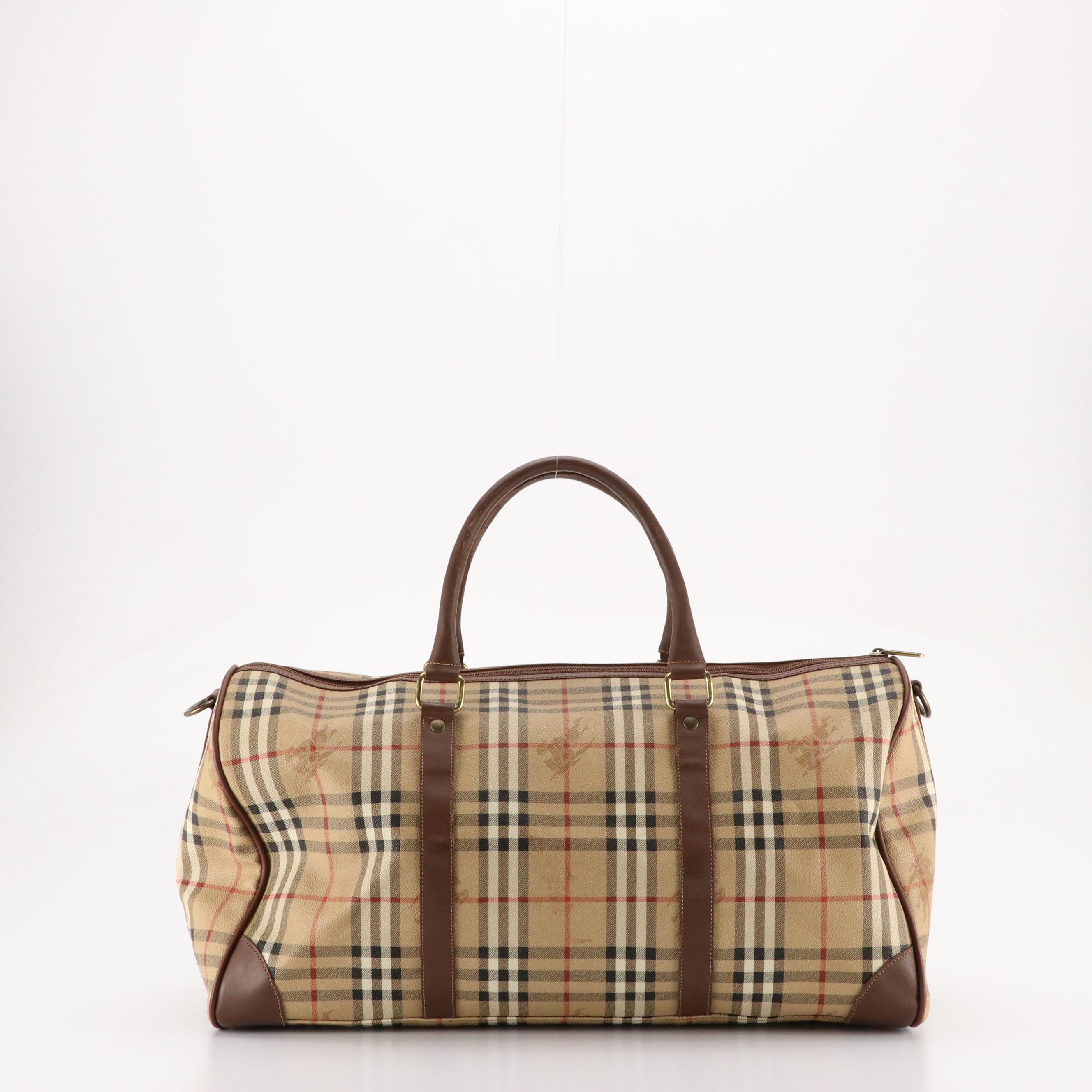 Burberrys Two-Way Large Duffle Bag in Haymarket Check Canvas & Brown Leather