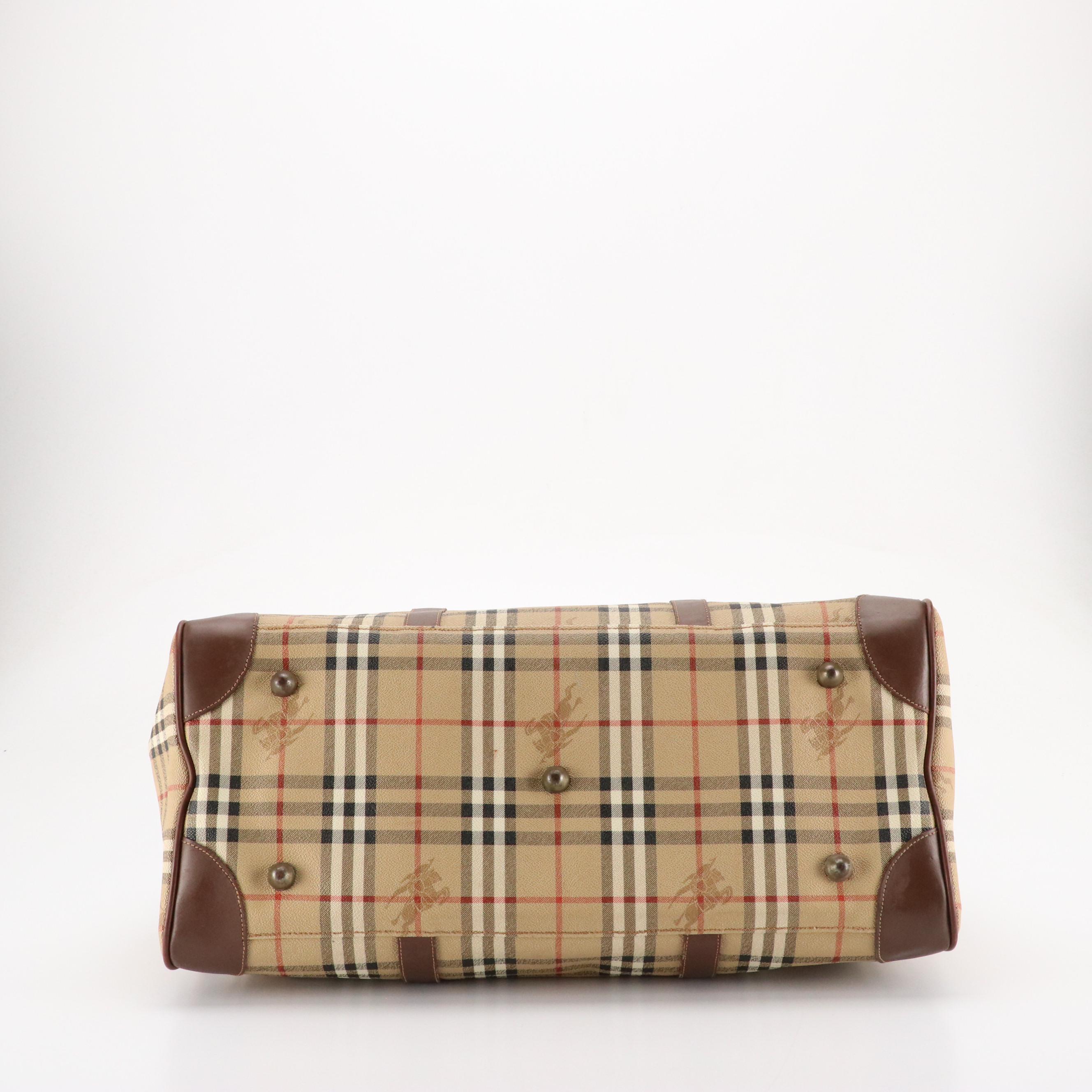 Burberrys Two-Way Large Duffle Bag in Haymarket Check Canvas & Brown Leather