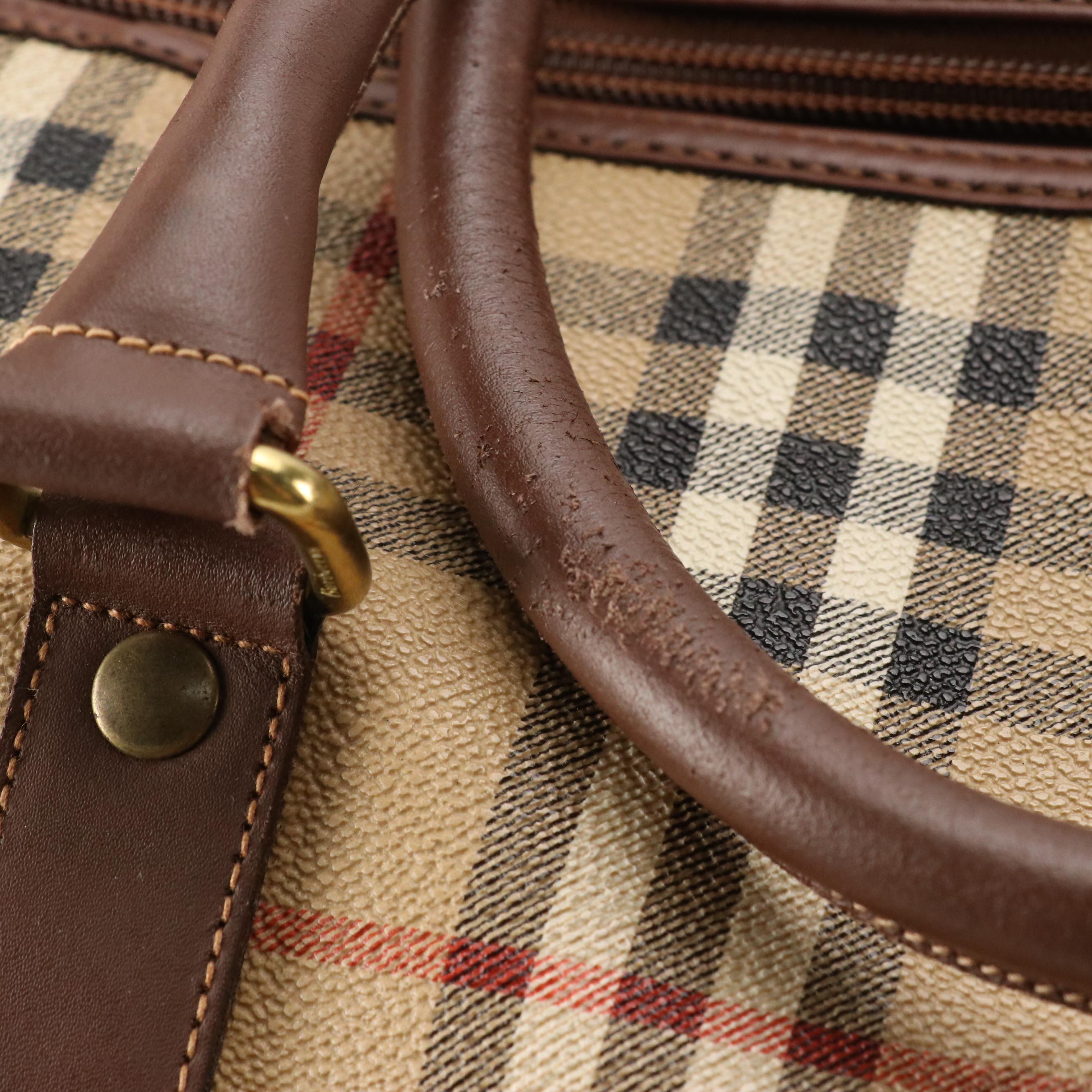 Burberrys Two-Way Large Duffle Bag in Haymarket Check Canvas & Brown Leather