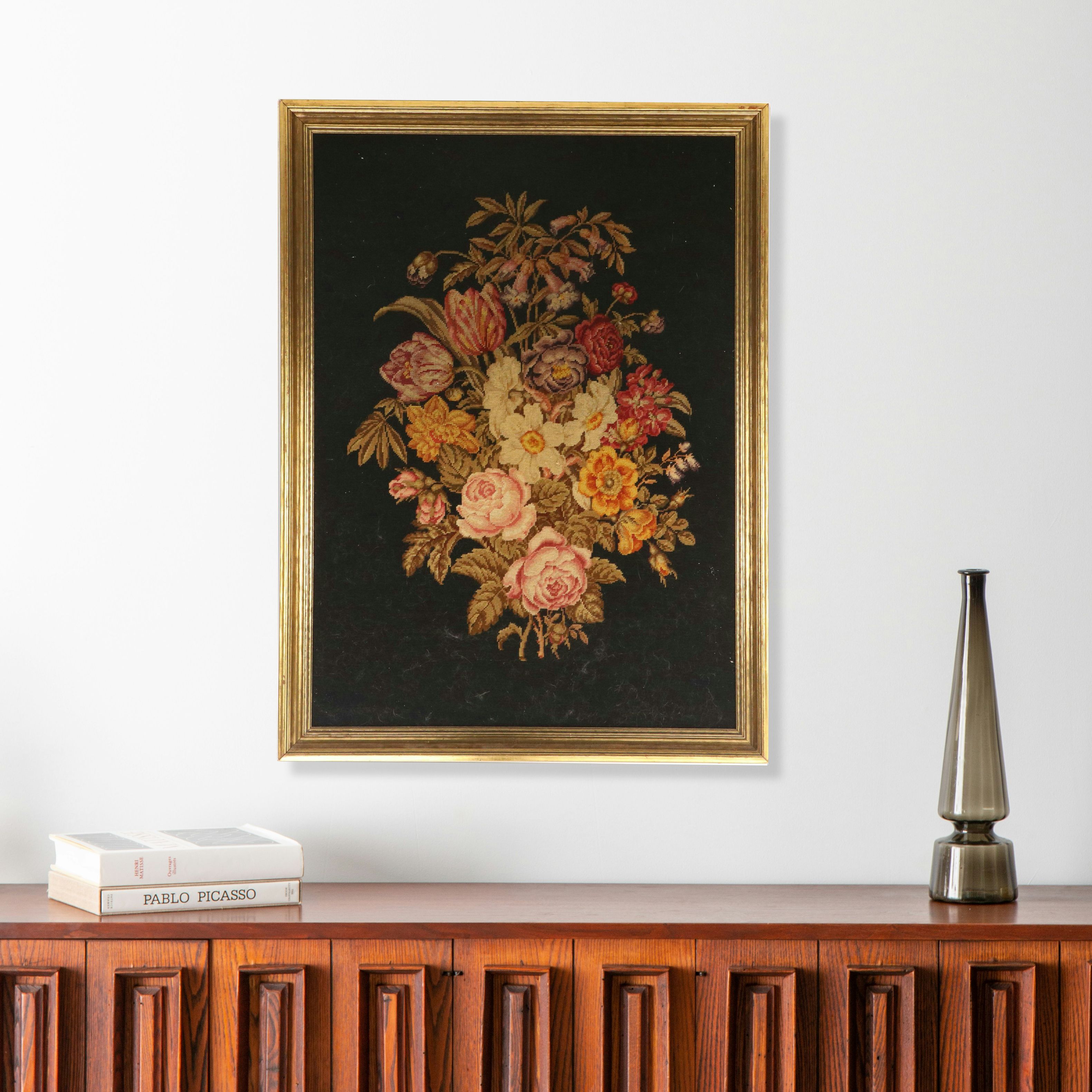 Handmade Needlepoint of Flower Bouquet in Frame, Mid to Late 20th Century