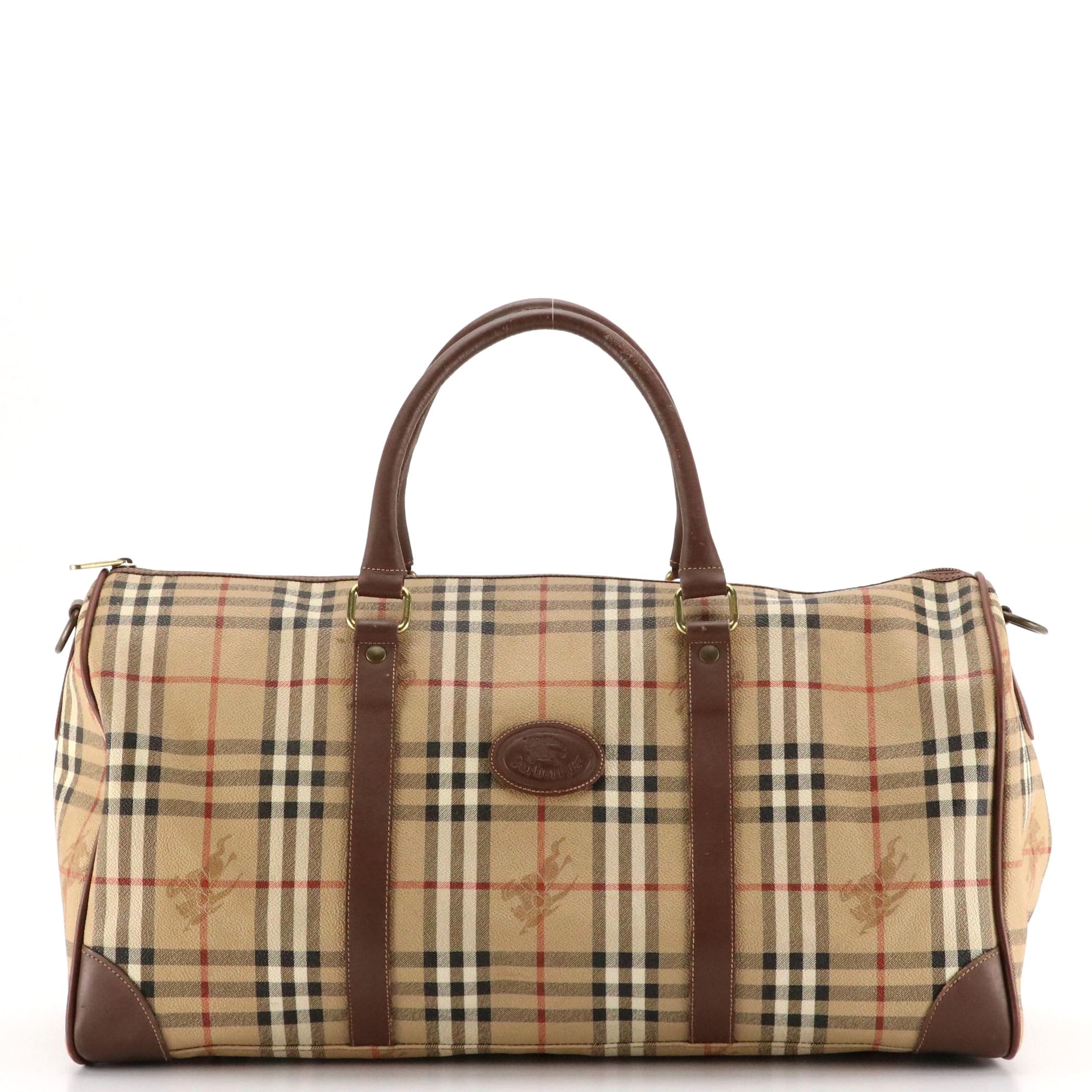 Burberrys Two-Way Large Duffle Bag in Haymarket Check Canvas & Brown Leather