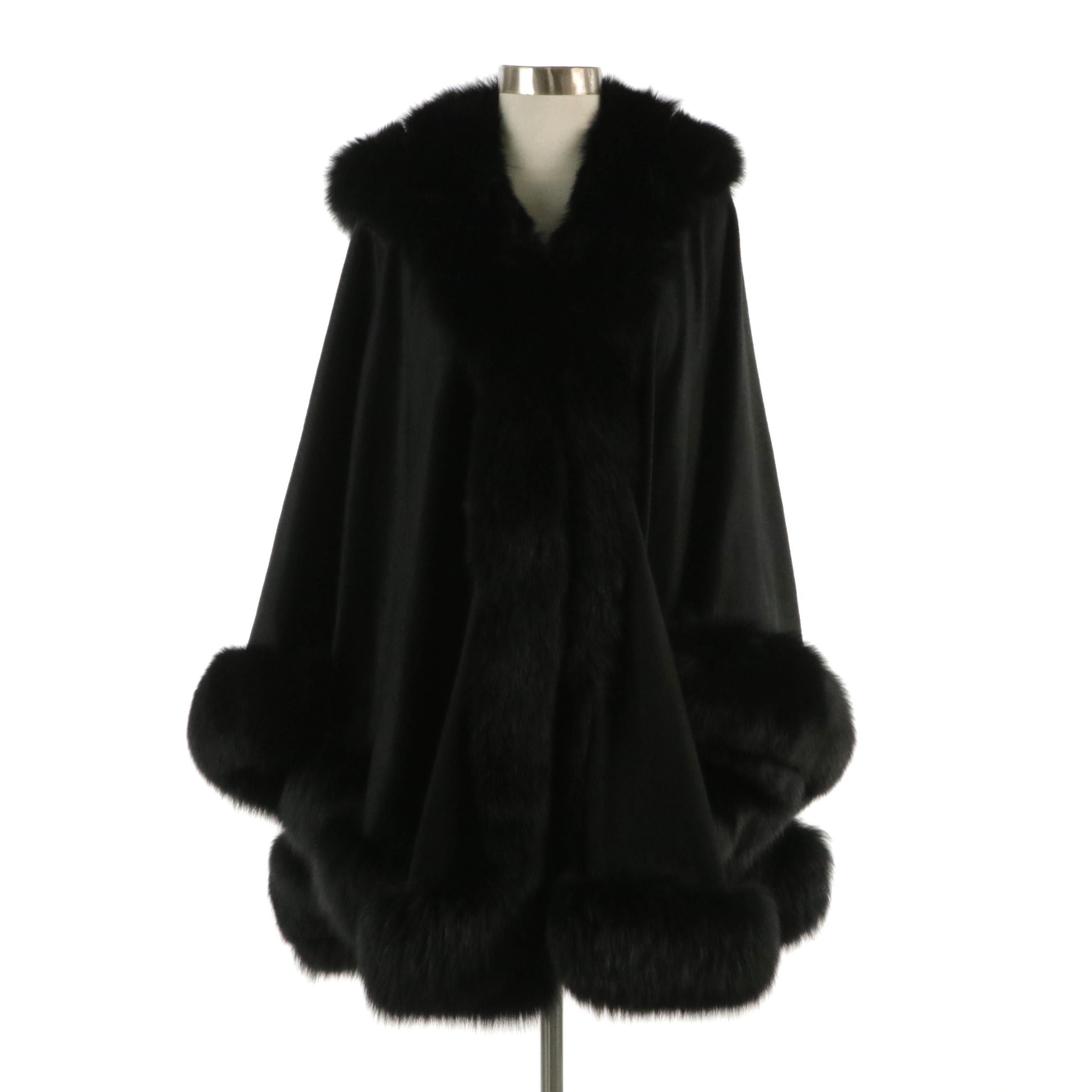 Black Fox Fur-Trimmed Cashmere Convertible Poncho/Cape with Hood