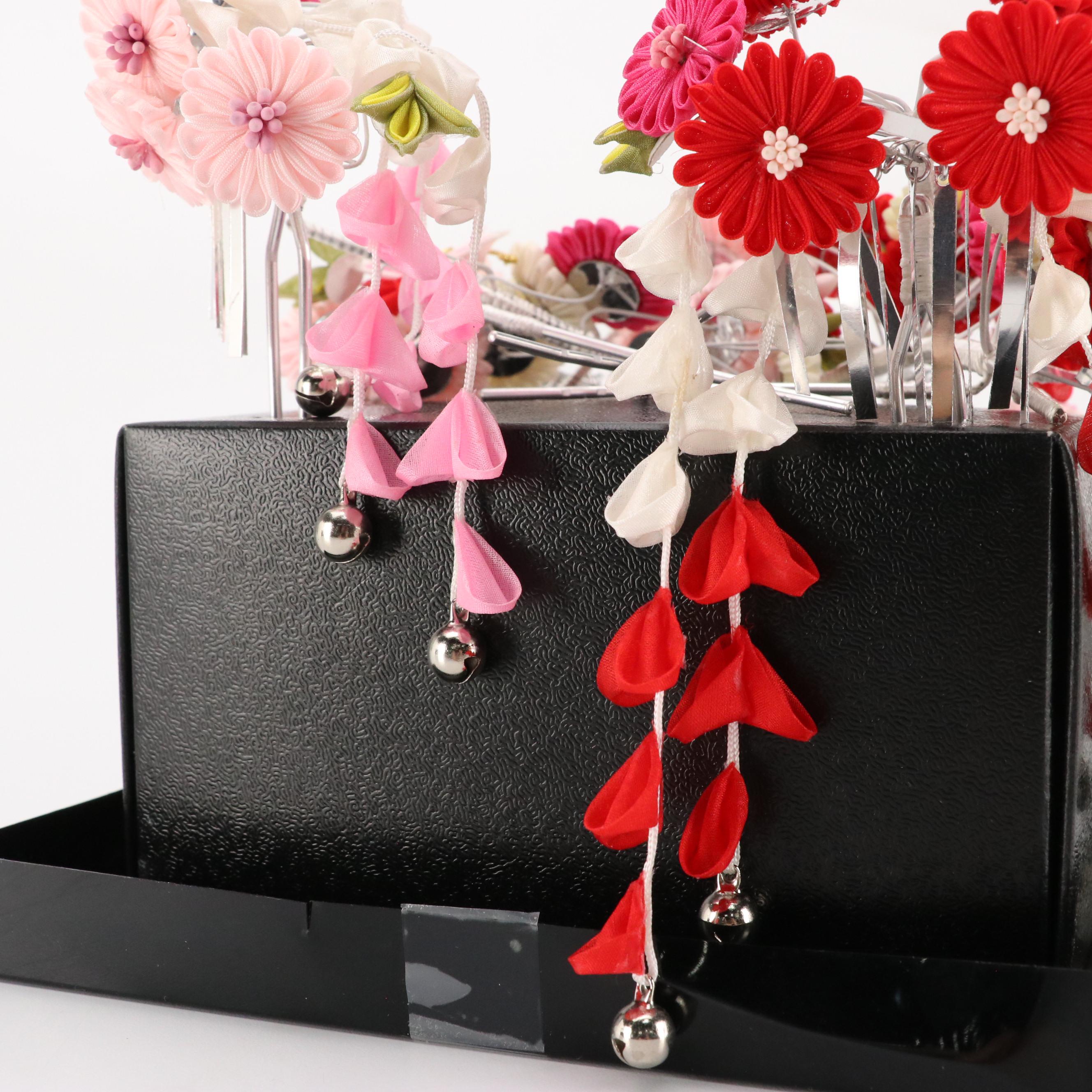 Japanese Pink/Red Prong Style Kanzashi Hair Ornaments with Box