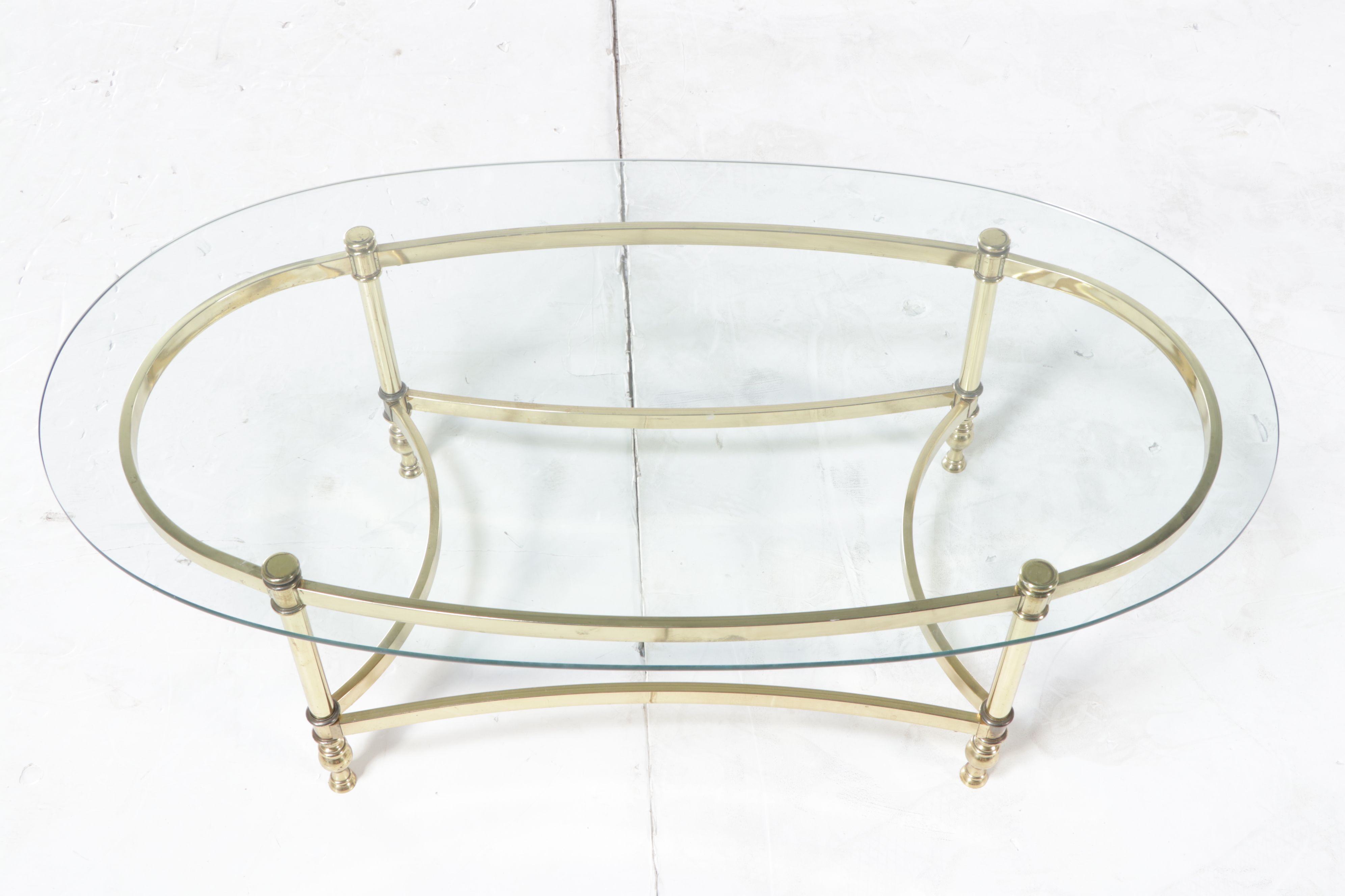 Mid Century Oval Glass Top Coffee Table with Brass Frame