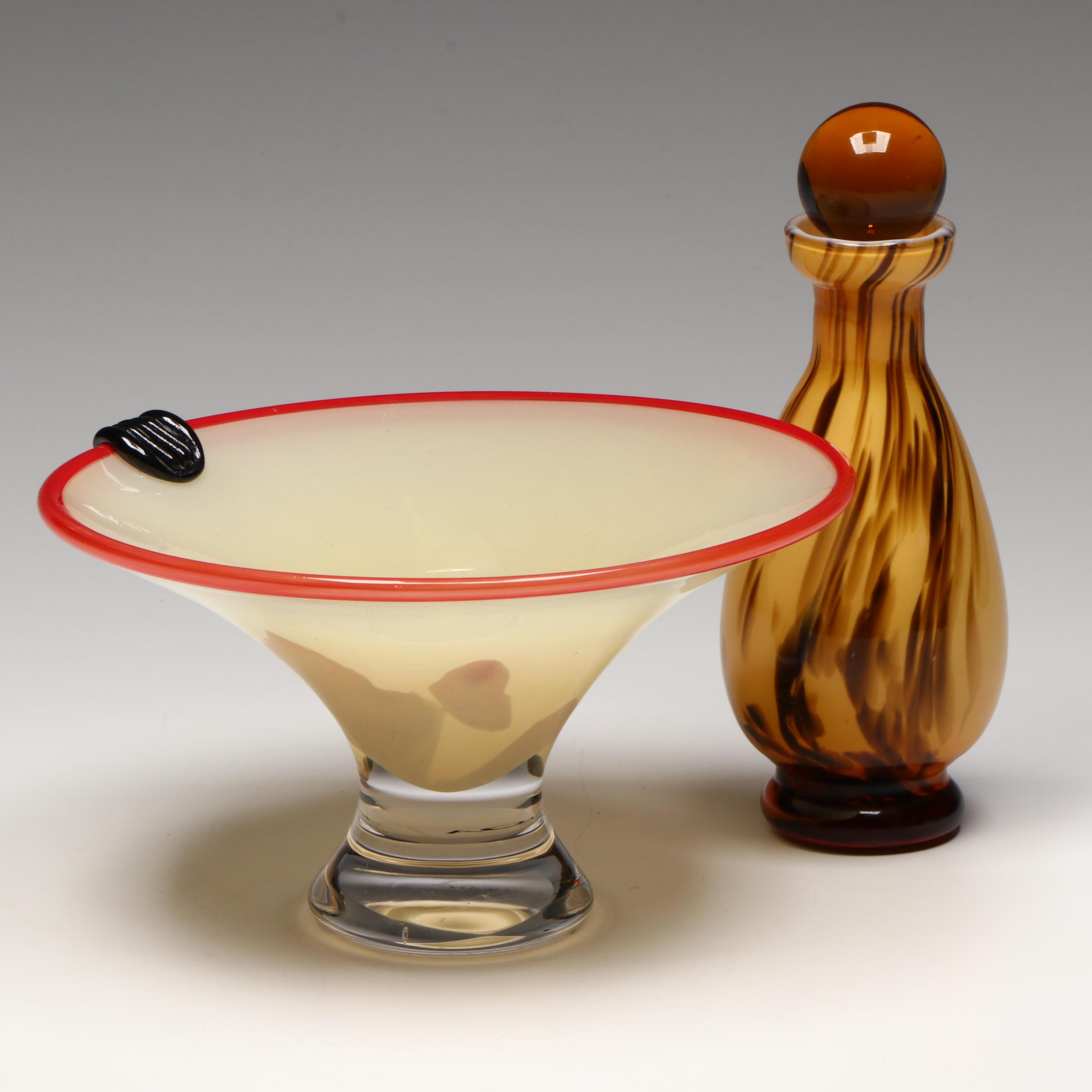 Kosta Boda Pedestal Bowl with Murano Style Hand-Blown Stoppered Bottle