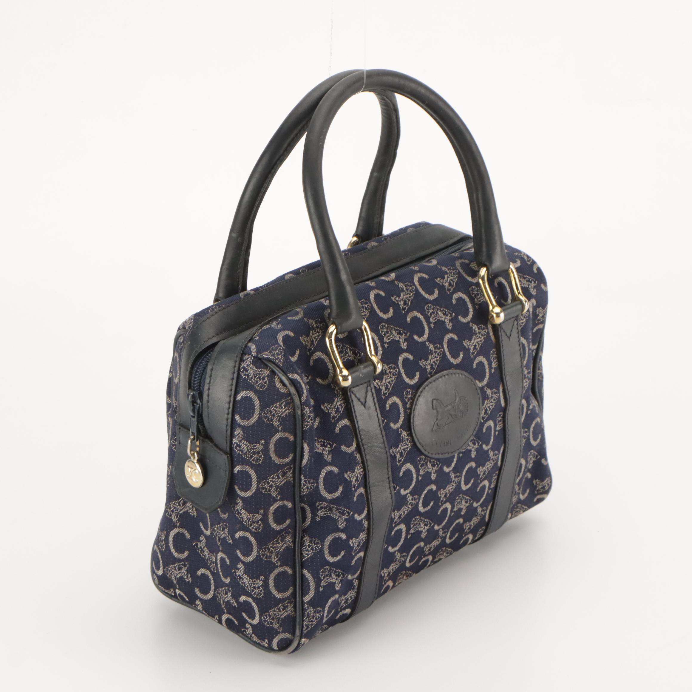 Celine Small Boston Handbag in Navy Blue C Carriage Canvas and Leather Trim
