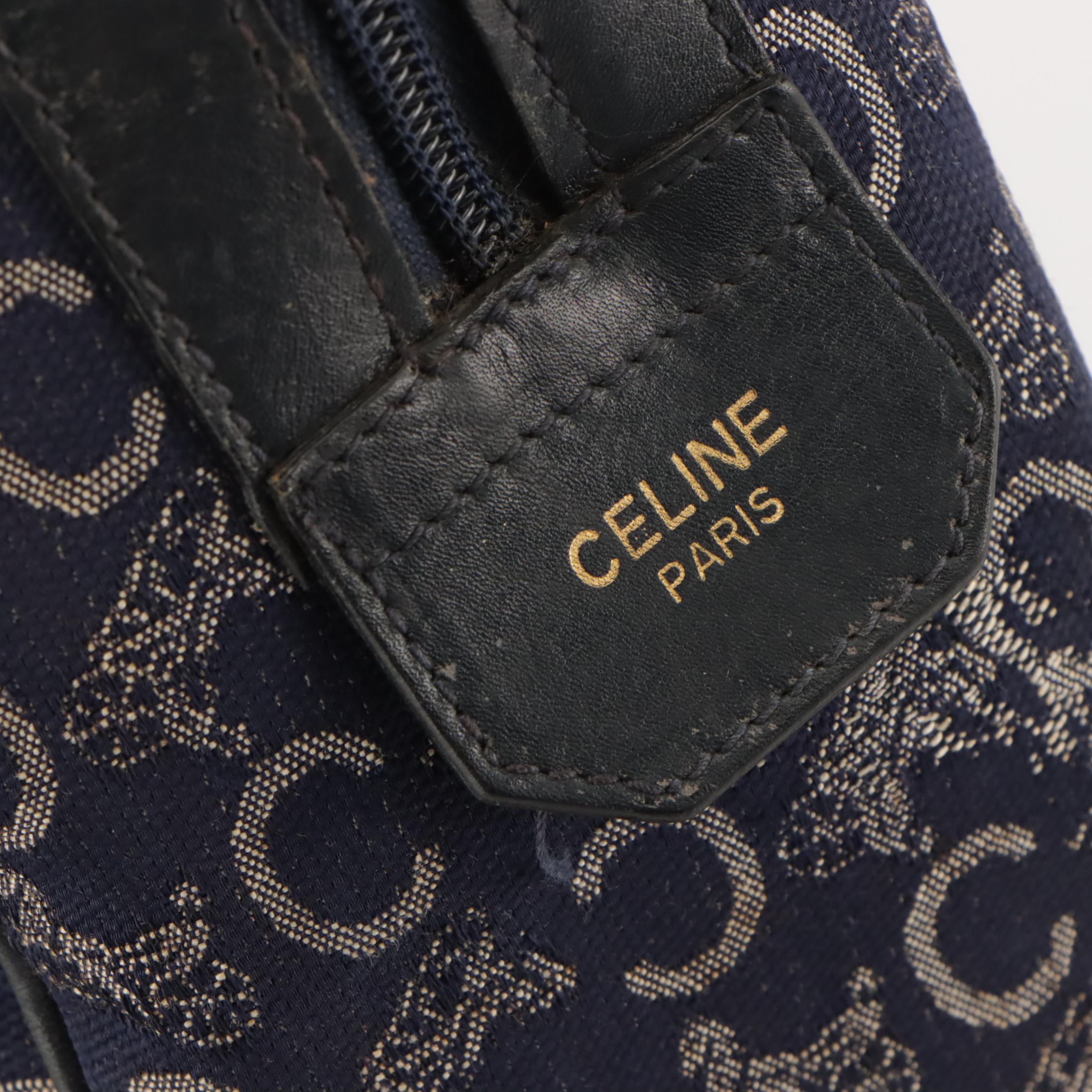 Celine Small Boston Handbag in Navy Blue C Carriage Canvas and Leather Trim