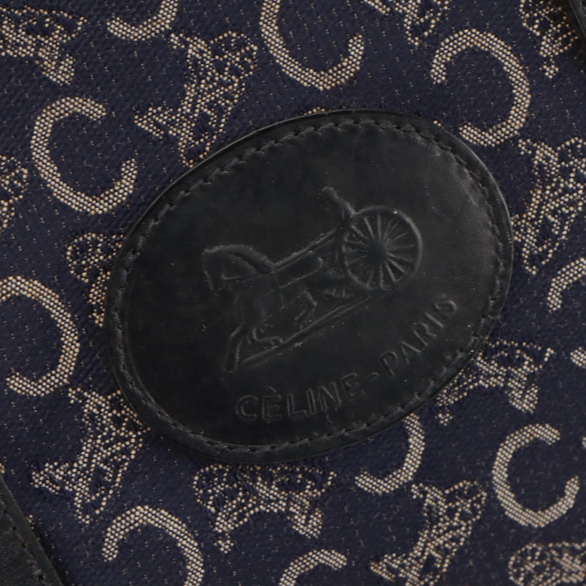 Celine Small Boston Handbag in Navy Blue C Carriage Canvas and Leather Trim