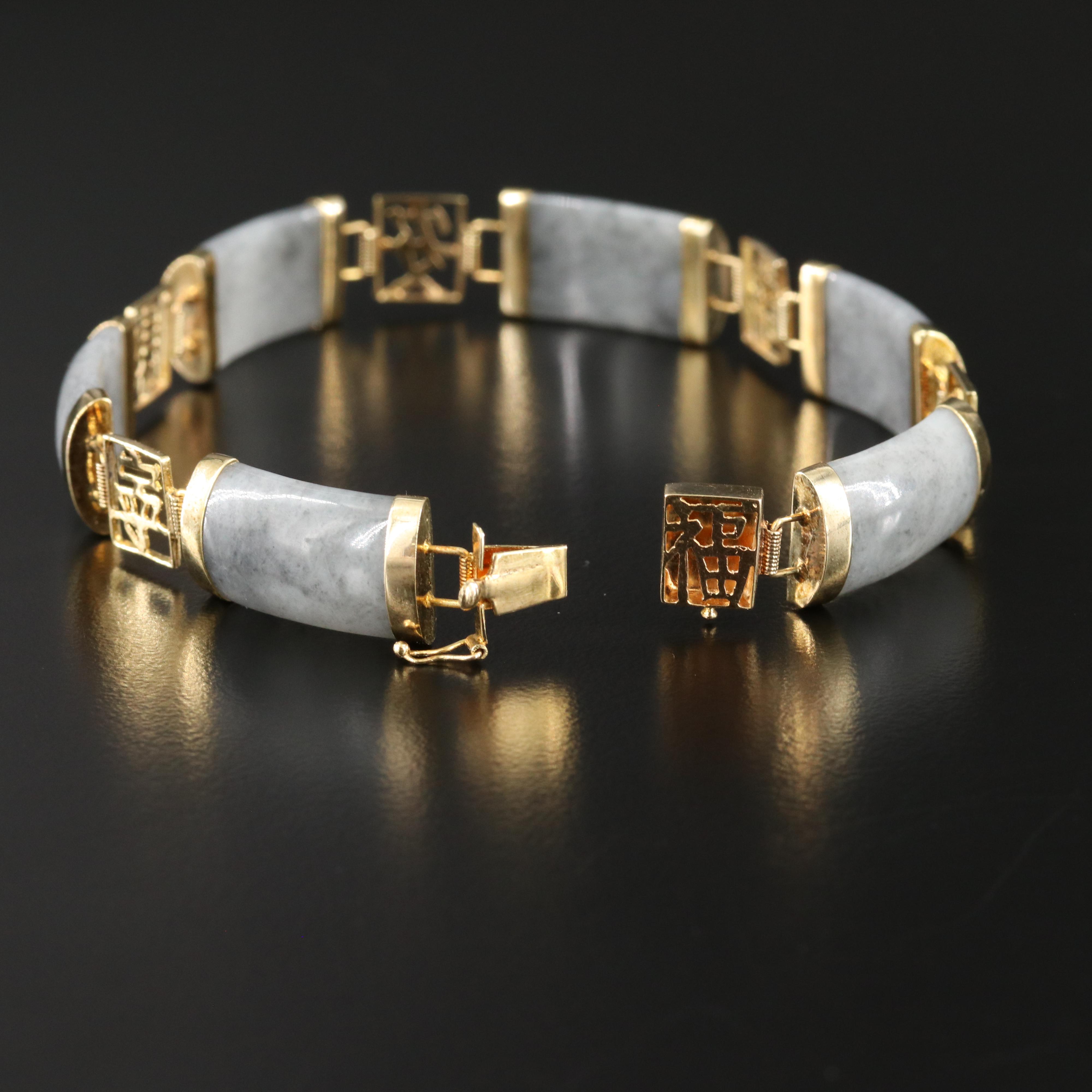 14K Jadeite Bracelet with Chinese Good Fortune Clasp