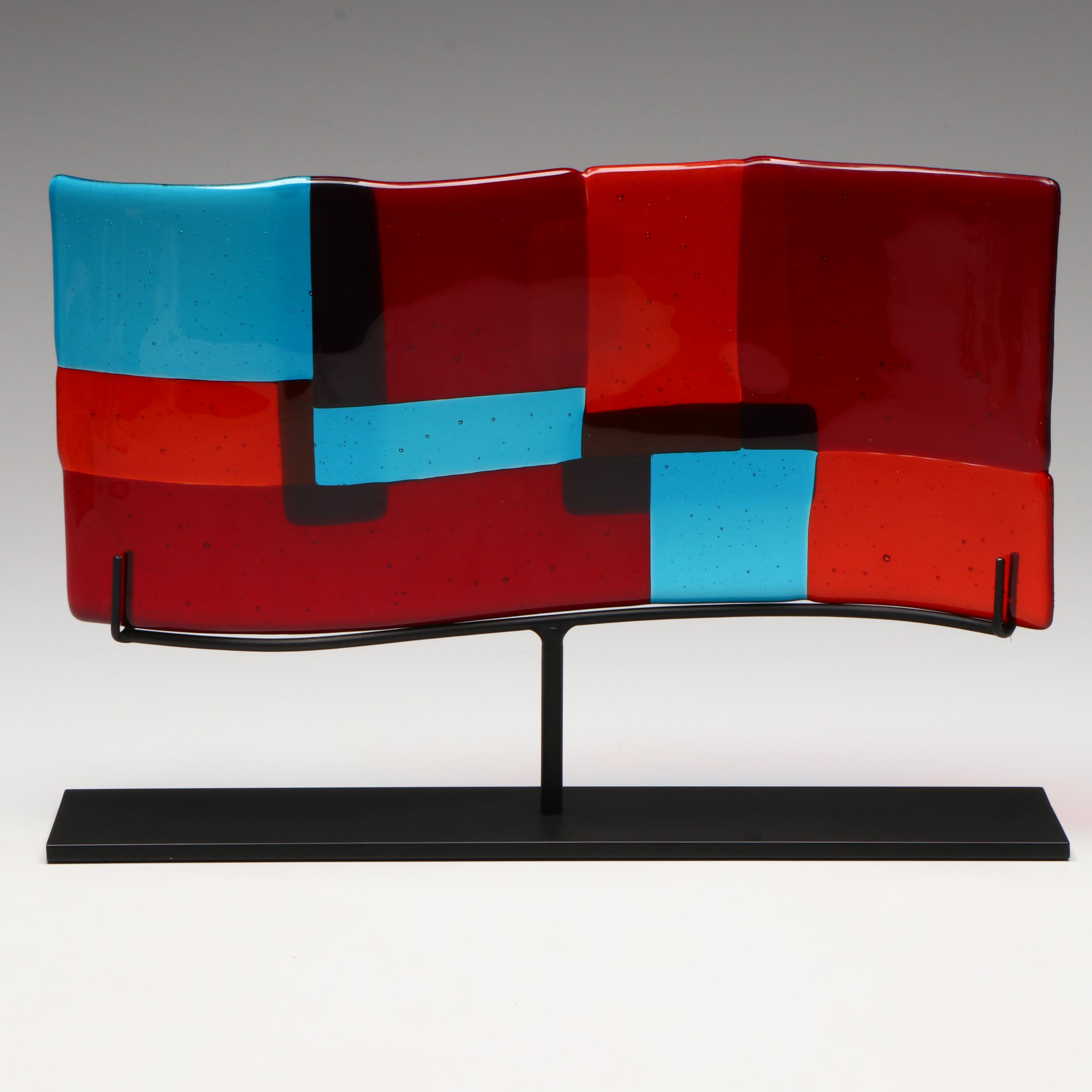 Signed Fused Art Glass Sculpture on Metal Stand, 2004