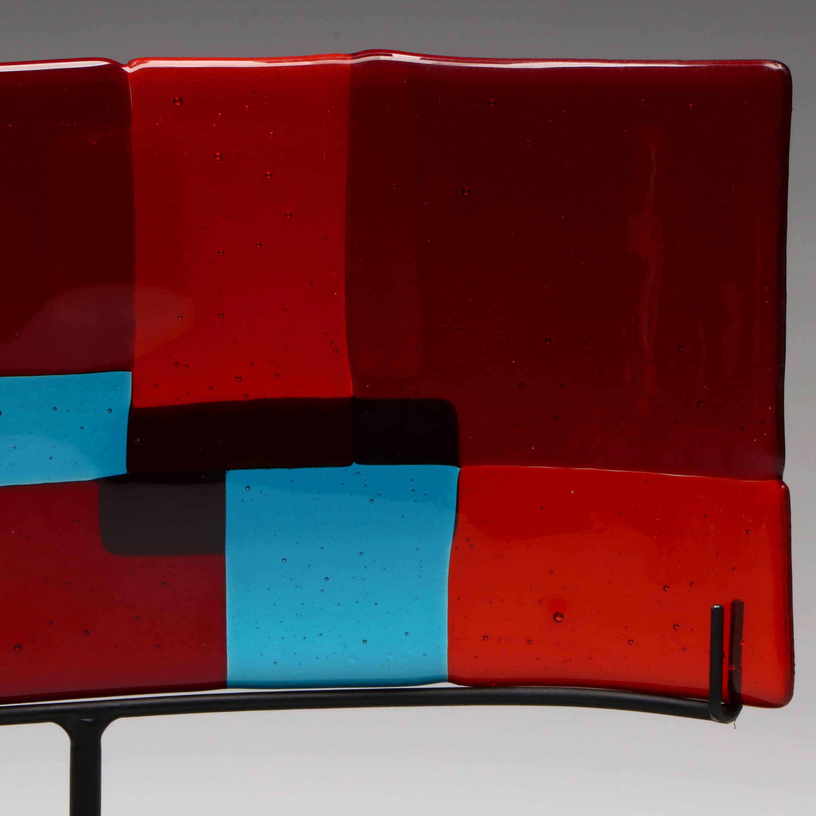 Signed Fused Art Glass Sculpture on Metal Stand, 2004