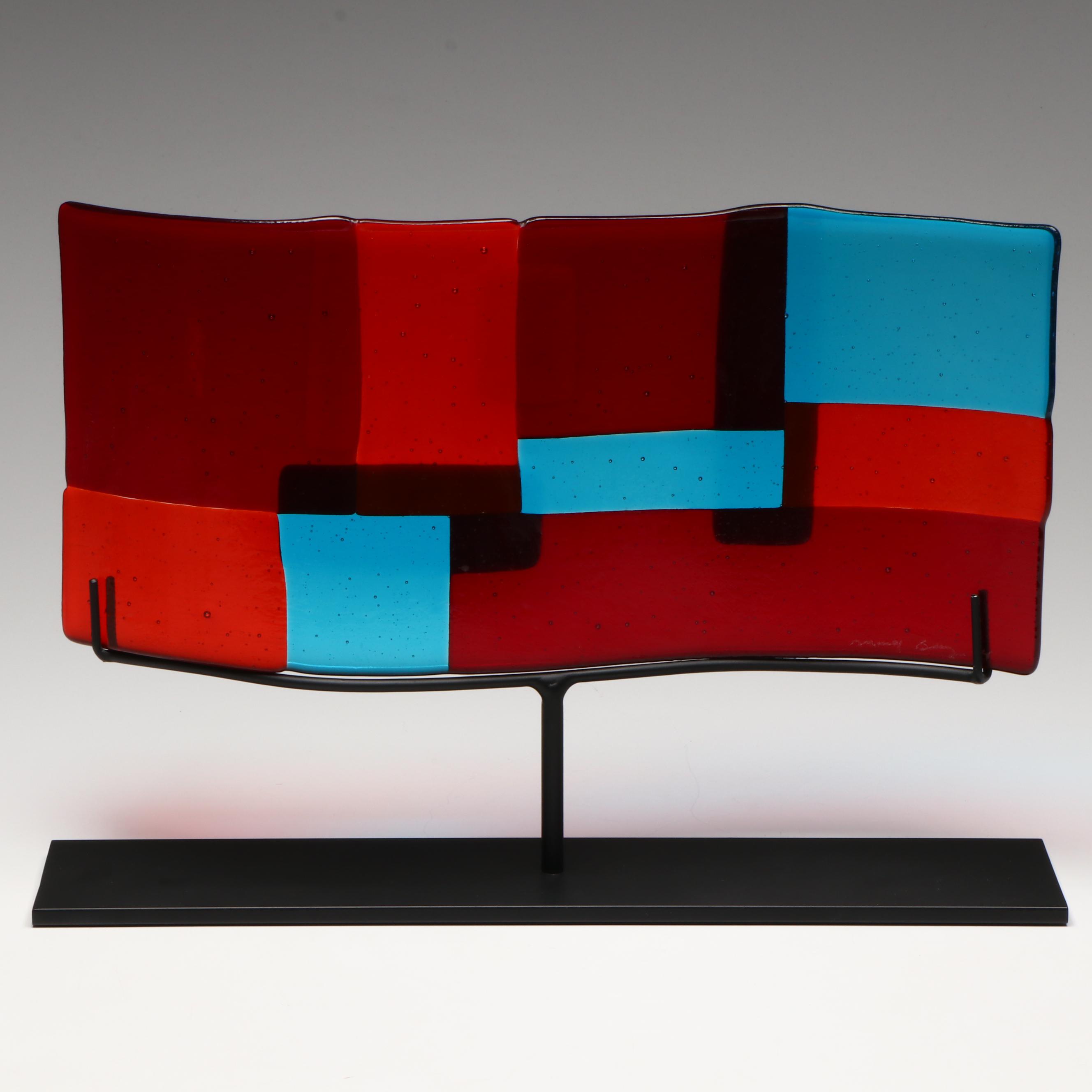 Signed Fused Art Glass Sculpture on Metal Stand, 2004