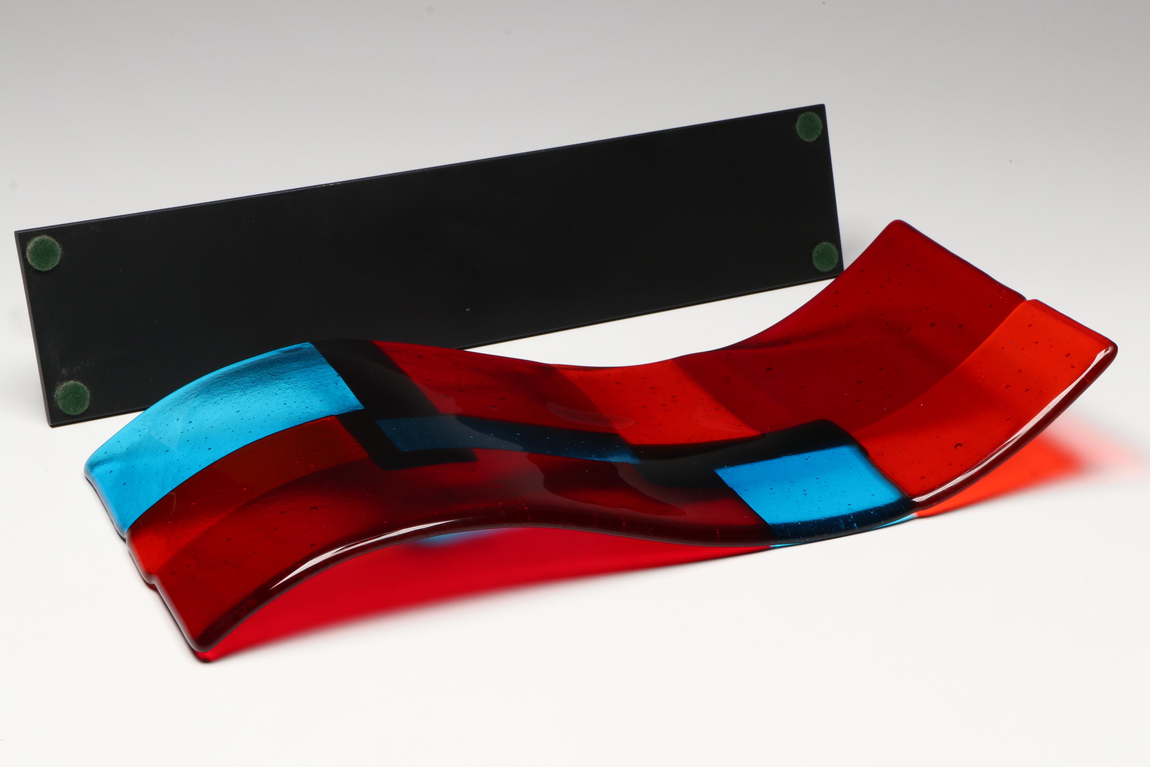 Signed Fused Art Glass Sculpture on Metal Stand, 2004