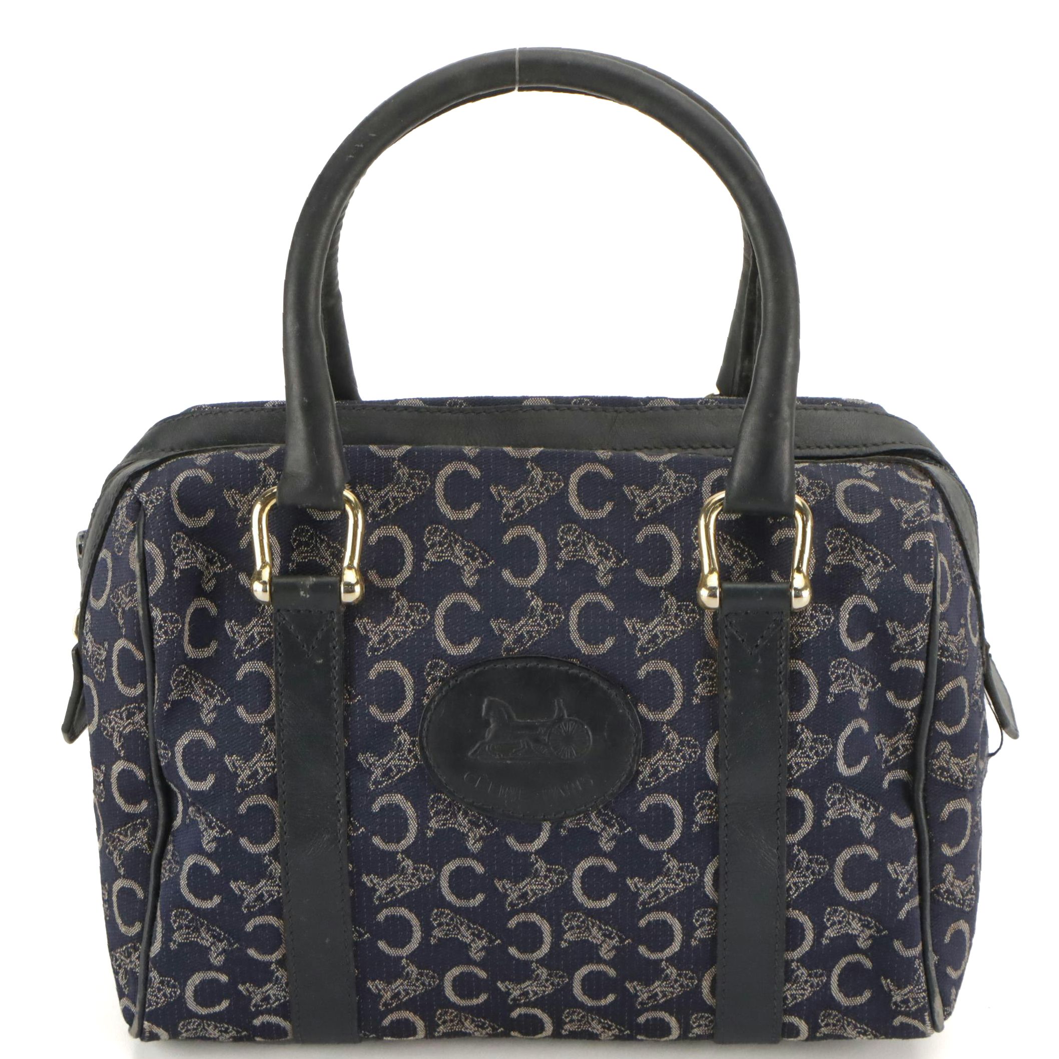Celine Small Boston Handbag in Navy Blue C Carriage Canvas and Leather Trim